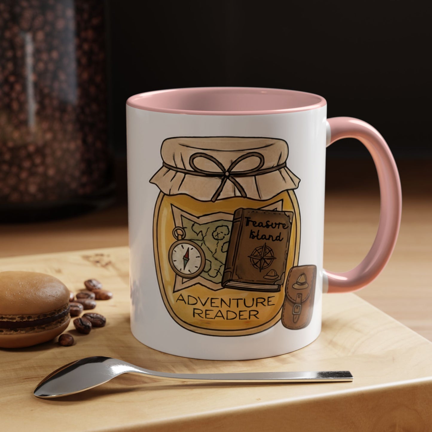 "Adventure Reader" Accent Coffee Mug — Bookish Travel Compass & Treasure Jam Jar Design