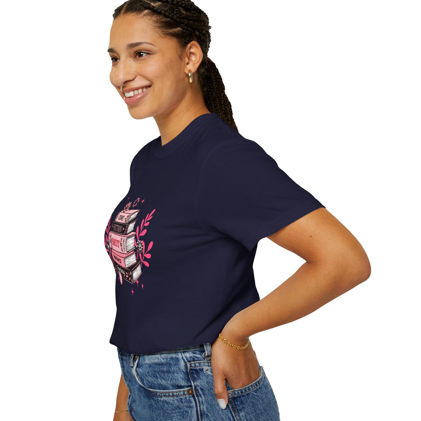 Book Stack Graphic T-Shirt — Cute Floral Reading Shirt (Crime, Fiction, Smut, Romance)