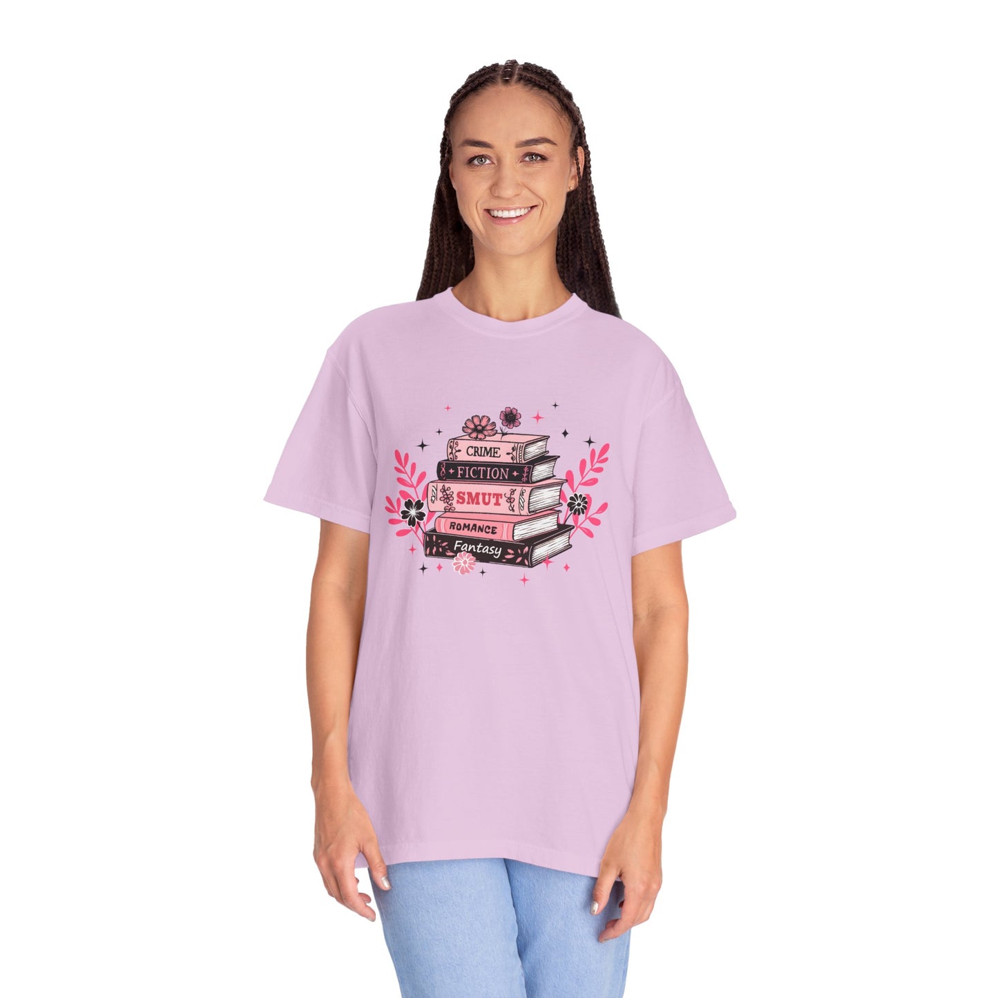 Book Stack Graphic T-Shirt — Cute Floral Reading Shirt (Crime, Fiction, Smut, Romance)