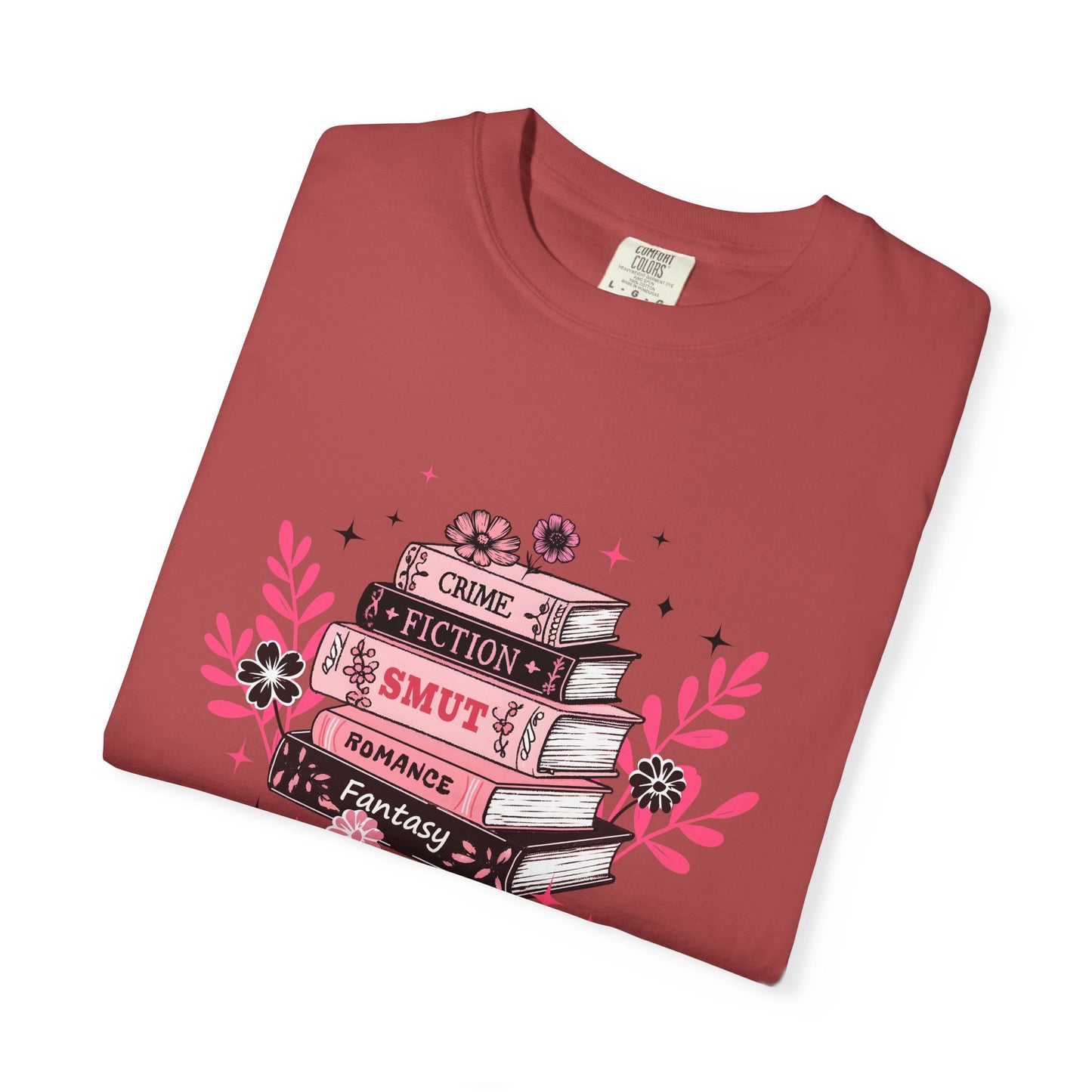 Book Stack Graphic T-Shirt — Cute Floral Reading Shirt (Crime, Fiction, Smut, Romance)