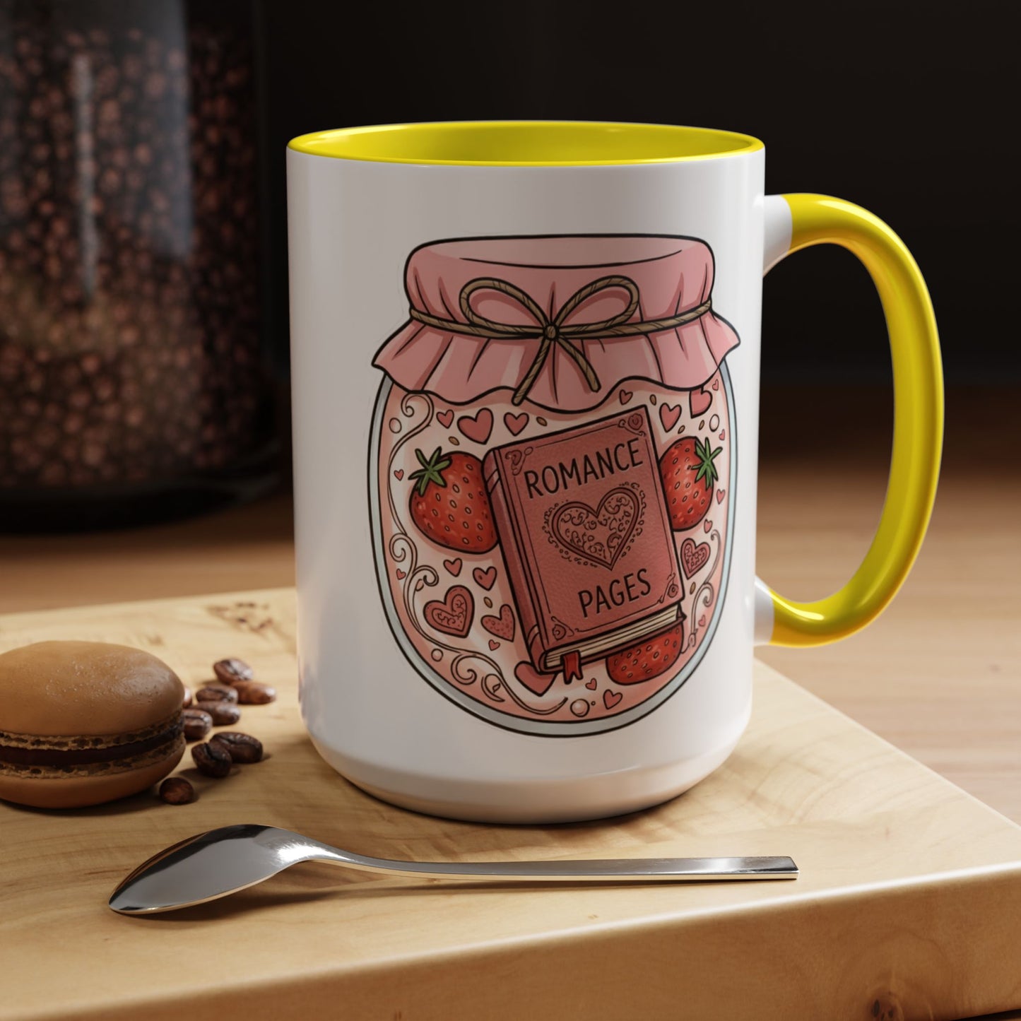"Romance Pages" Jam Jar Coffee Mug — Cute Strawberry Jam Romance Readers Mug (11/15oz)