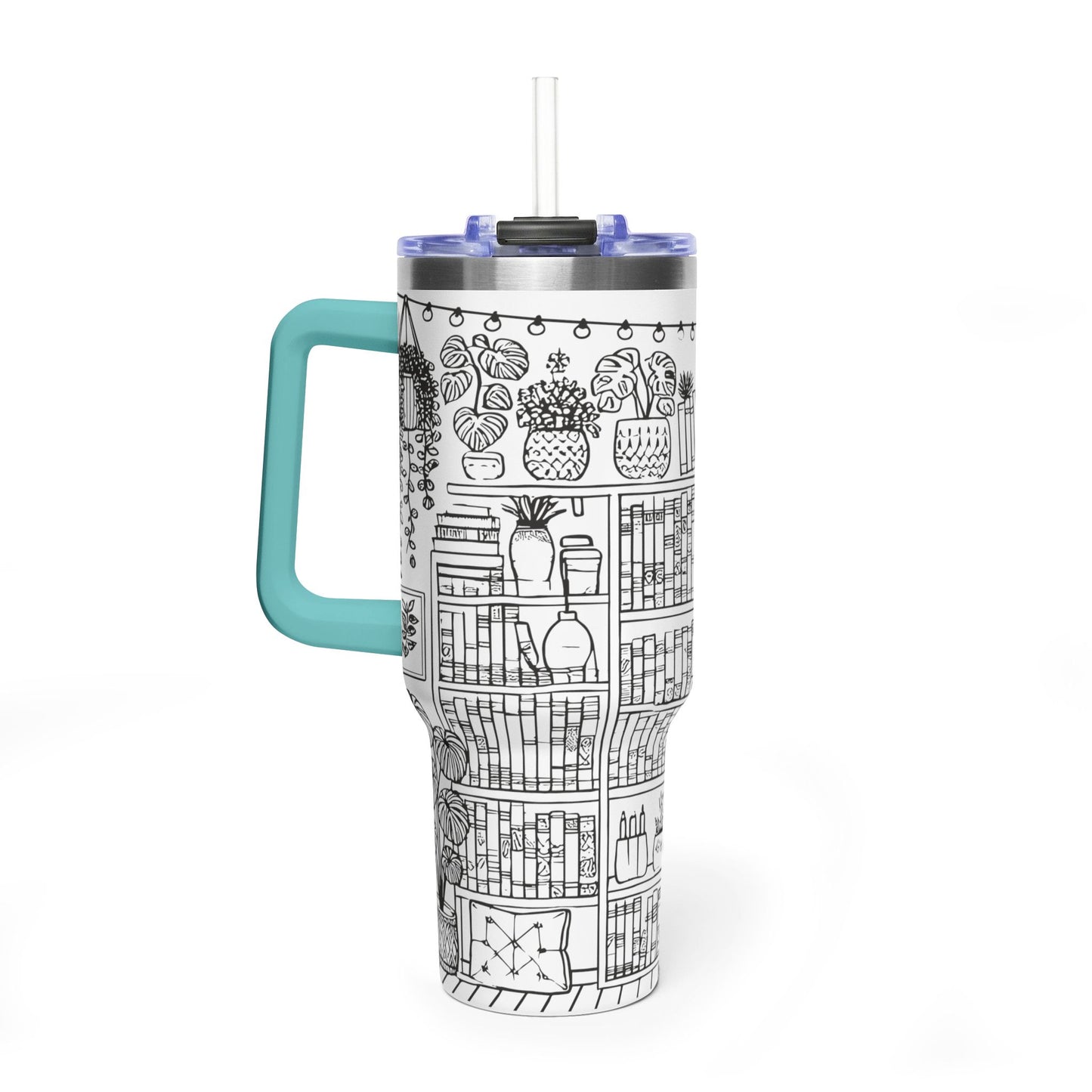 40oz Booklover Vacuum Tumbler – Illustrated Bookshelf Design