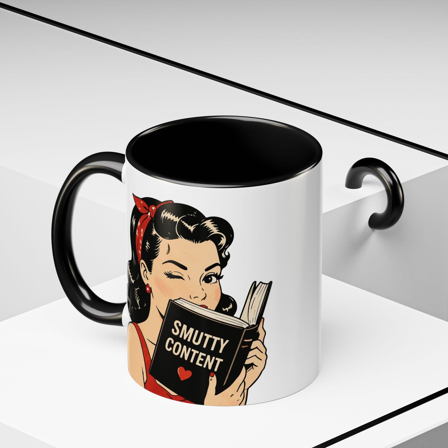 Retro Pin-Up Coffee Mug — Vintage Pop Art Woman with Heart Lollipop (11oz)