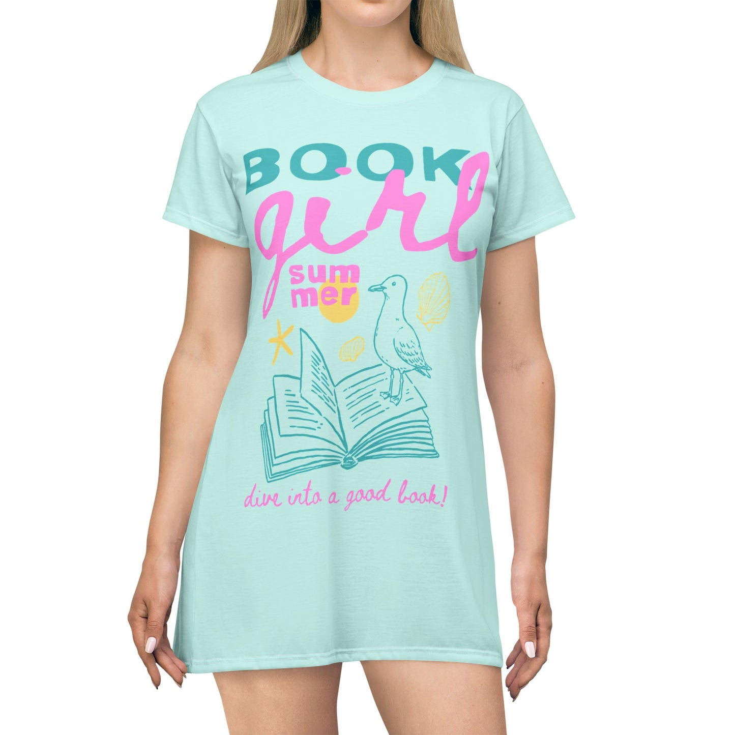"Book Girl Summer" T-Shirt Dress — Cute Pastel Reading Graphic Dress