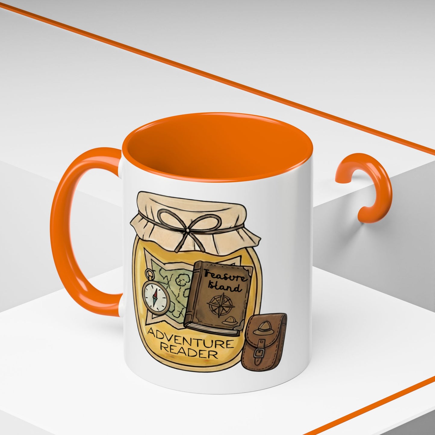 "Adventure Reader" Accent Coffee Mug — Bookish Travel Compass & Treasure Jam Jar Design