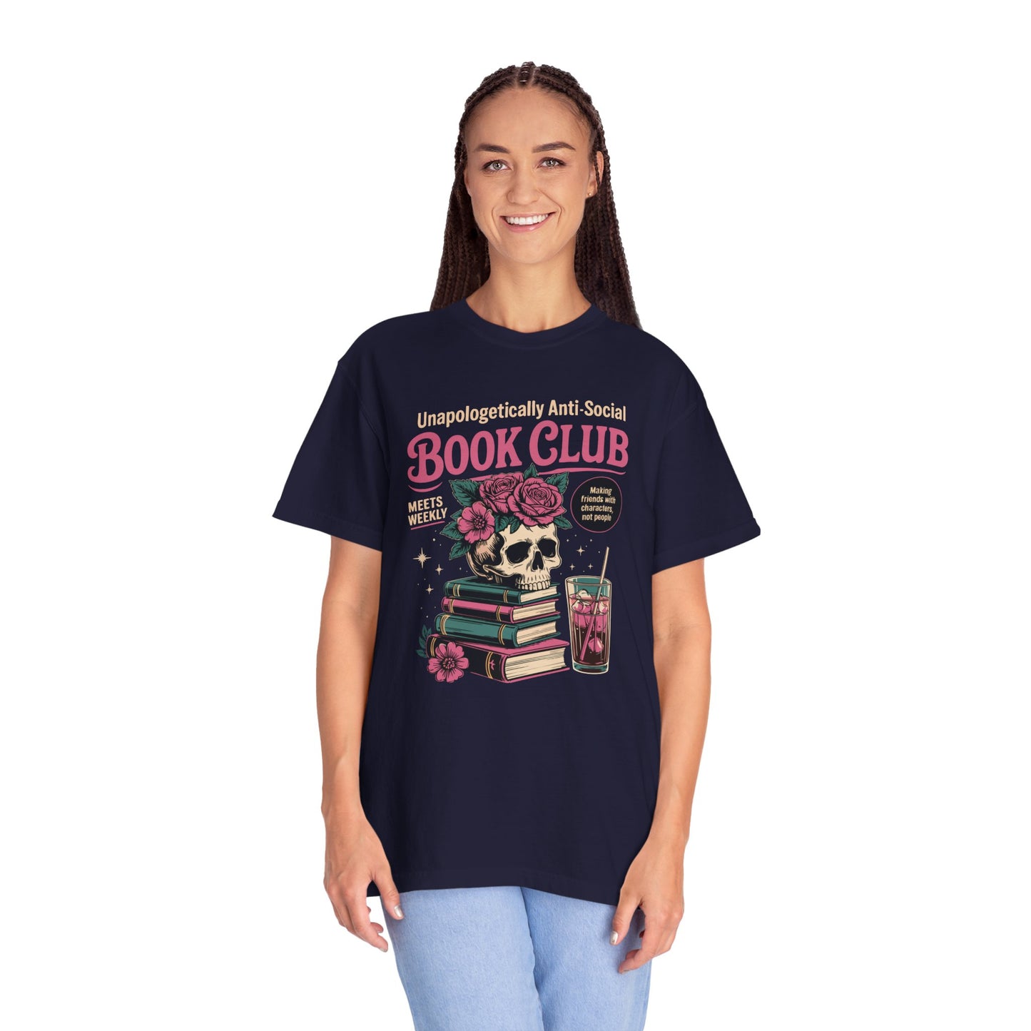 "Unapologetically Anti-Social Book Club" T-Shirt — Skull & Books Graphic Tee for Avid Readers