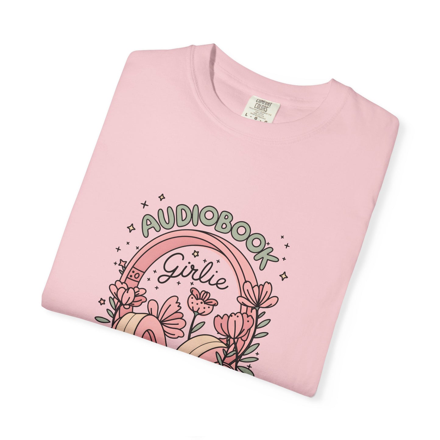 "Audiobook Girlie" T-Shirt — Floral Headphones Graphic Tee
