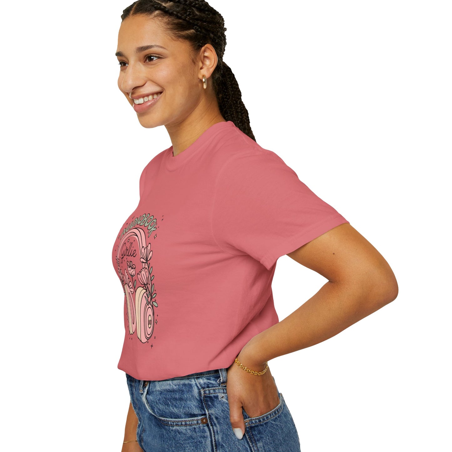 "Audiobook Girlie" T-Shirt — Floral Headphones Graphic Tee