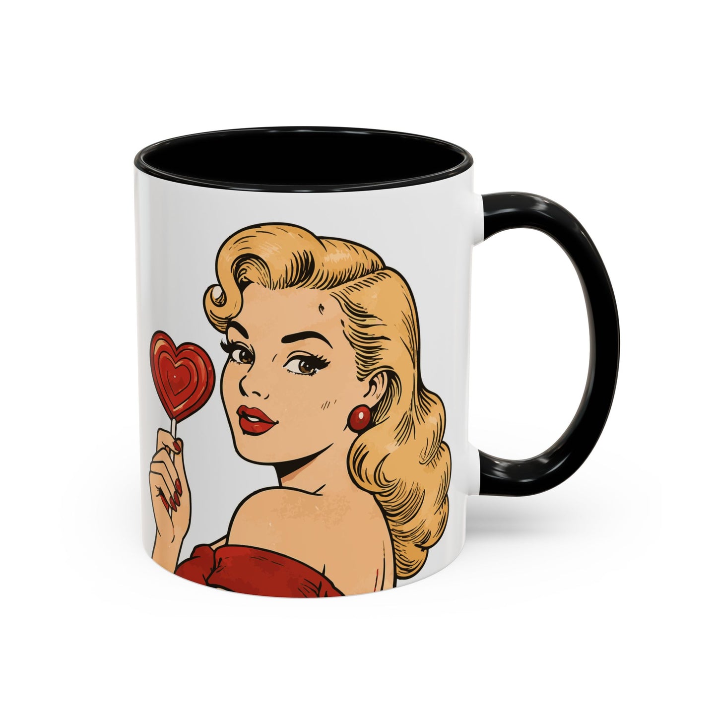 Retro Pin-Up Coffee Mug — Vintage Pop Art Woman with Heart Lollipop (11oz)