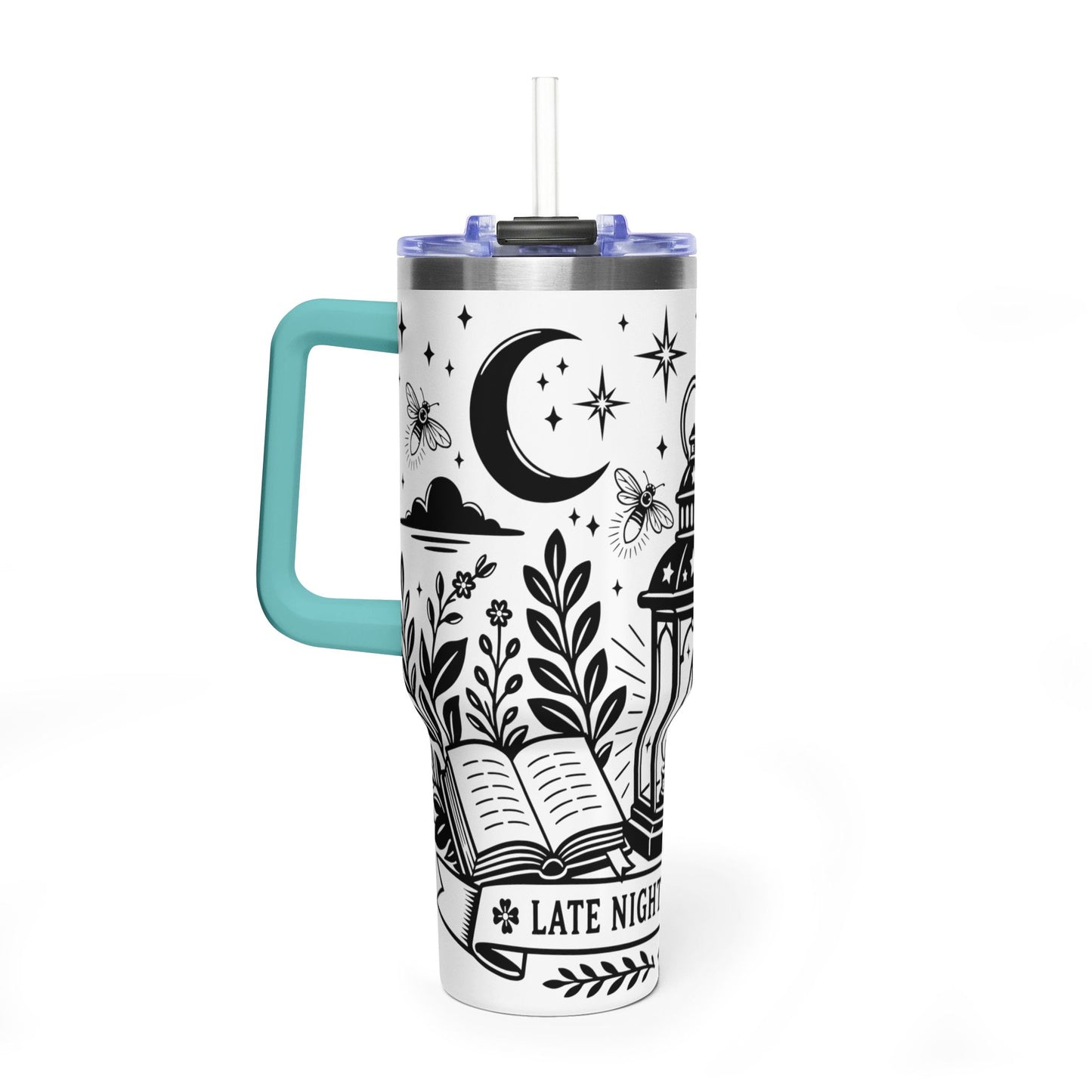 40oz Vacuum Tumbler — "Late Night Reading Club" Lantern & Moon Book Lover Travel Mug