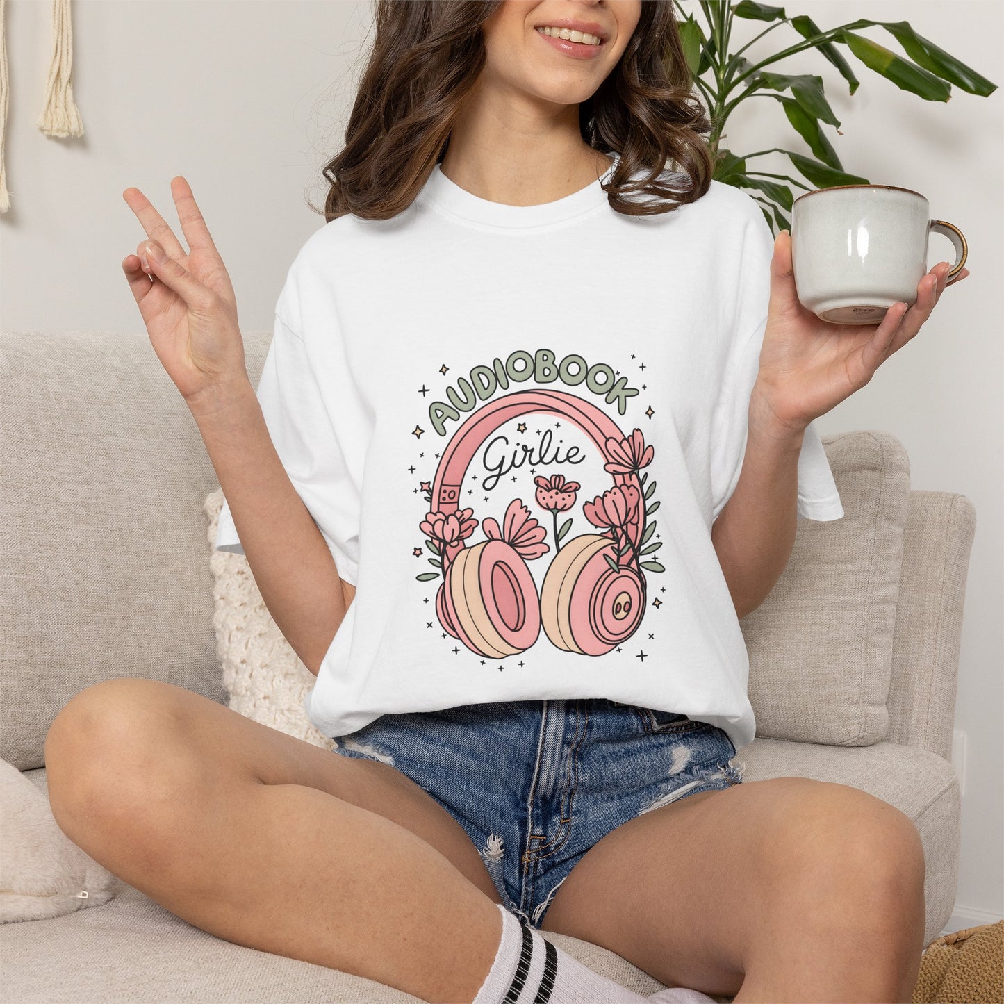 "Audiobook Girlie" T-Shirt — Floral Headphones Graphic Tee