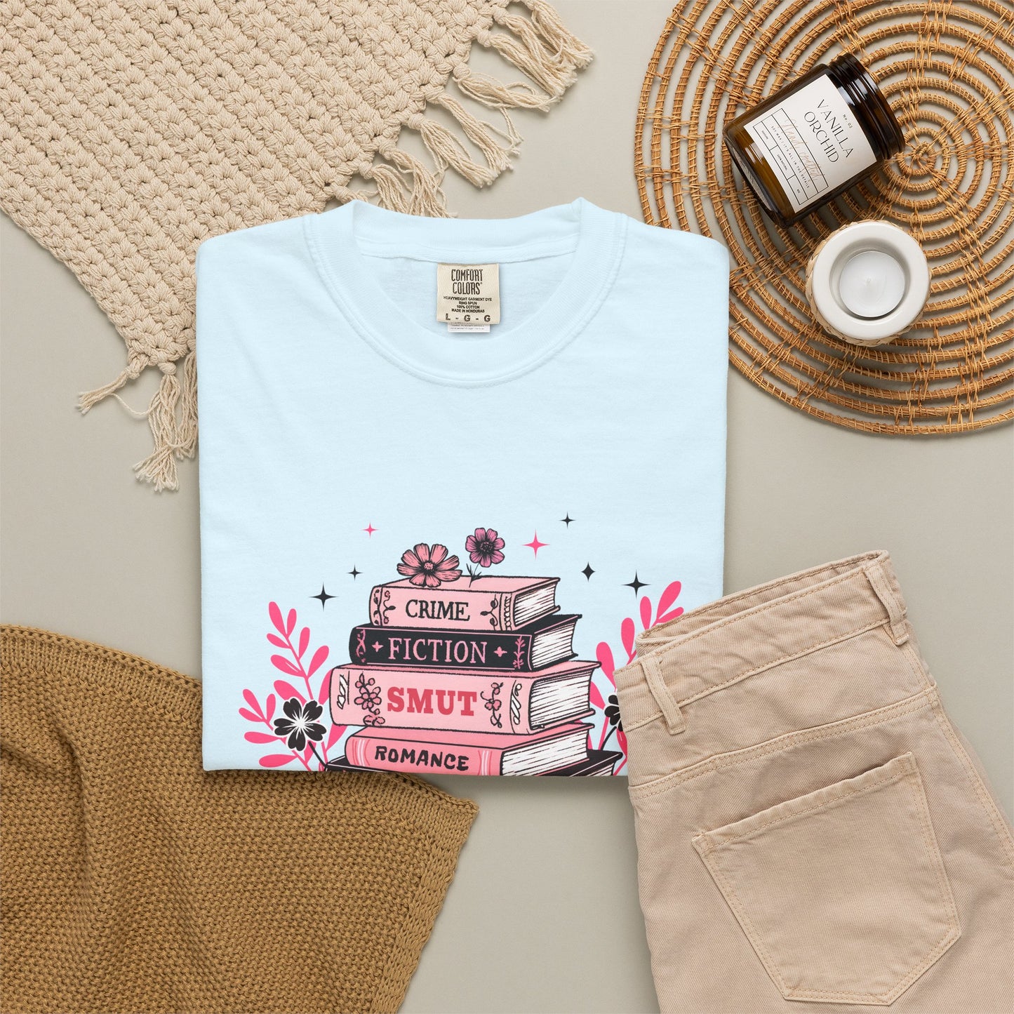 Book Stack Graphic T-Shirt — Cute Floral Reading Shirt (Crime, Fiction, Smut, Romance)