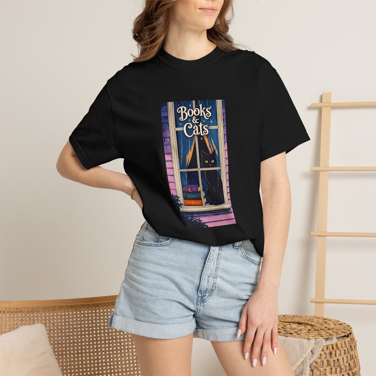 "Books & Cats" T-Shirt — Cozy Bookshop Window Graphic Tee