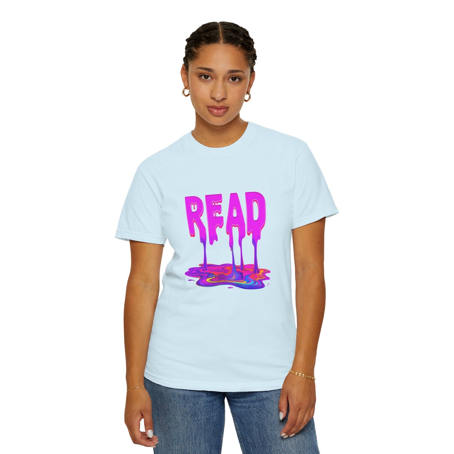 "READ" Dripping Graphic T-Shirt — Psychedelic Melting Book Design