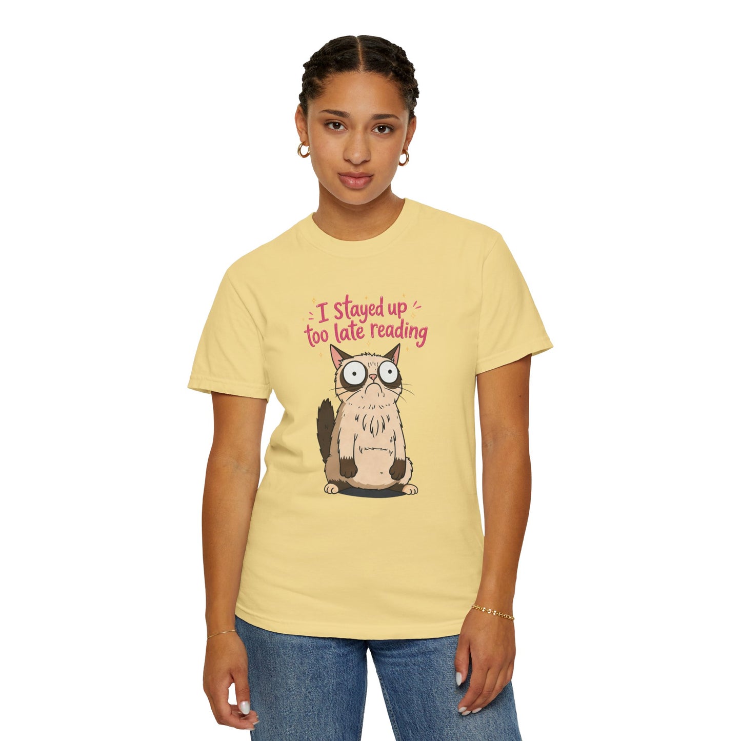 "I Stayed Up Too Late Reading" Cat T-Shirt — Cute Book Lover Graphic Tee