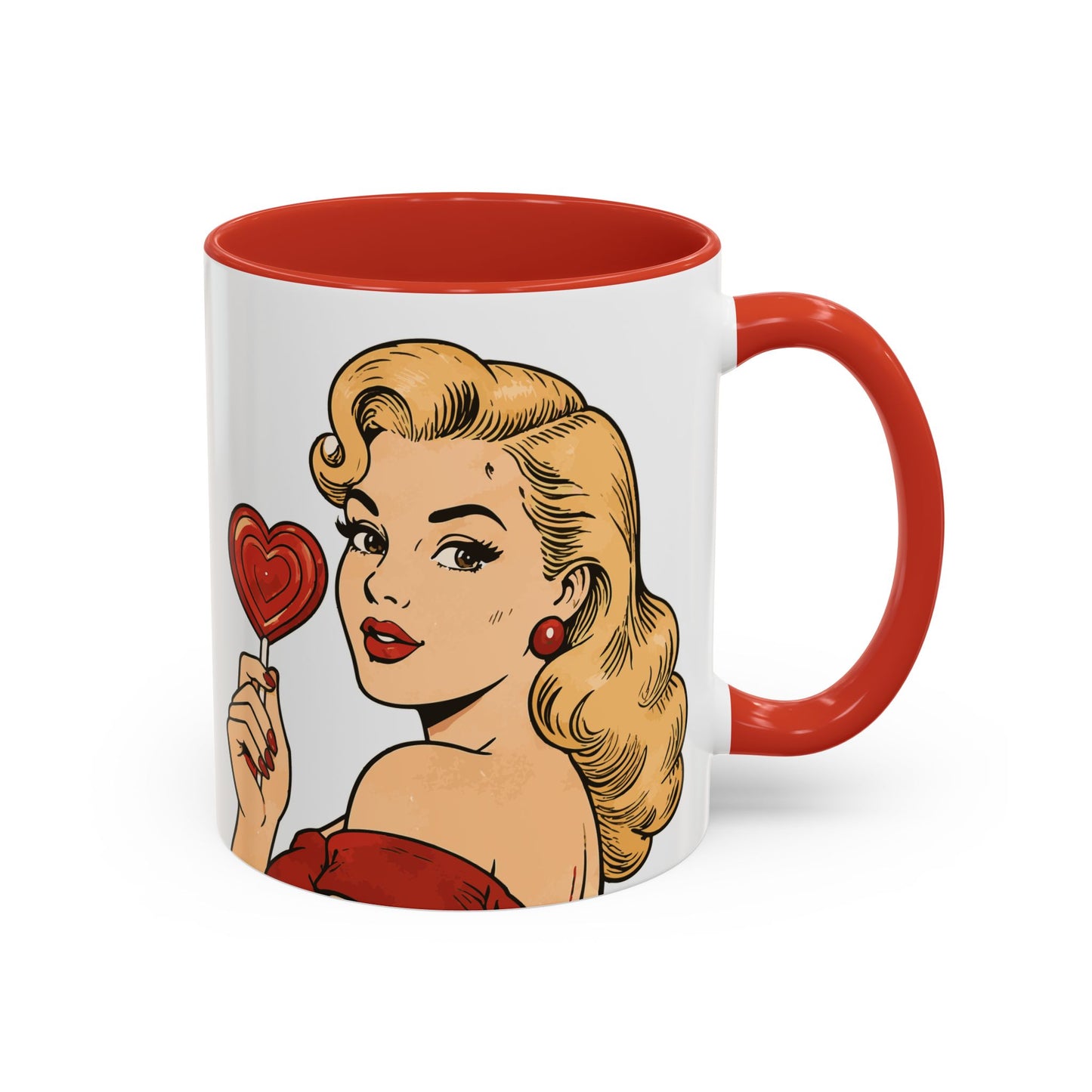 Retro Pin-Up Coffee Mug — Vintage Pop Art Woman with Heart Lollipop (11oz)