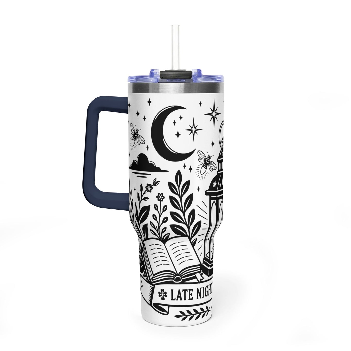 40oz Vacuum Tumbler — "Late Night Reading Club" Lantern & Moon Book Lover Travel Mug