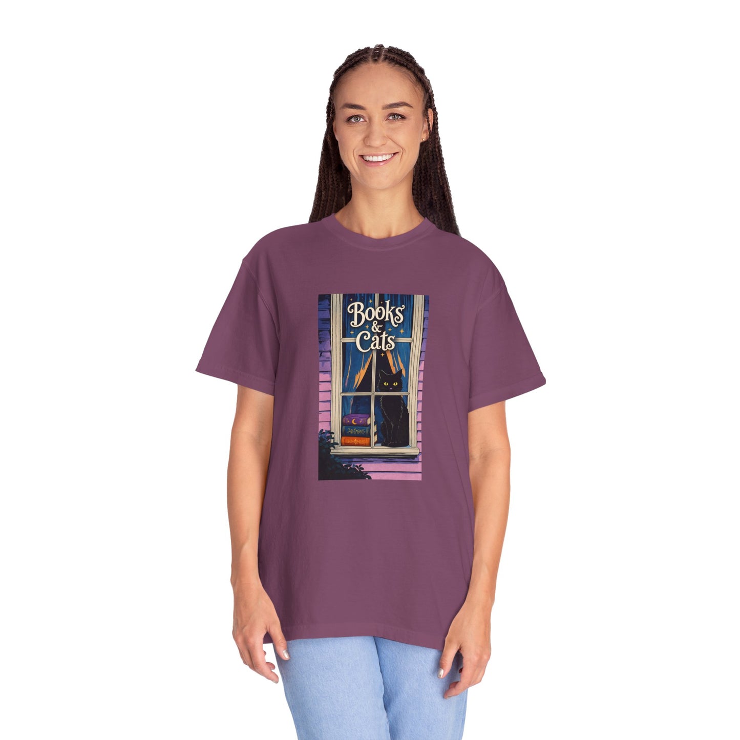 "Books & Cats" T-Shirt — Cozy Bookshop Window Graphic Tee