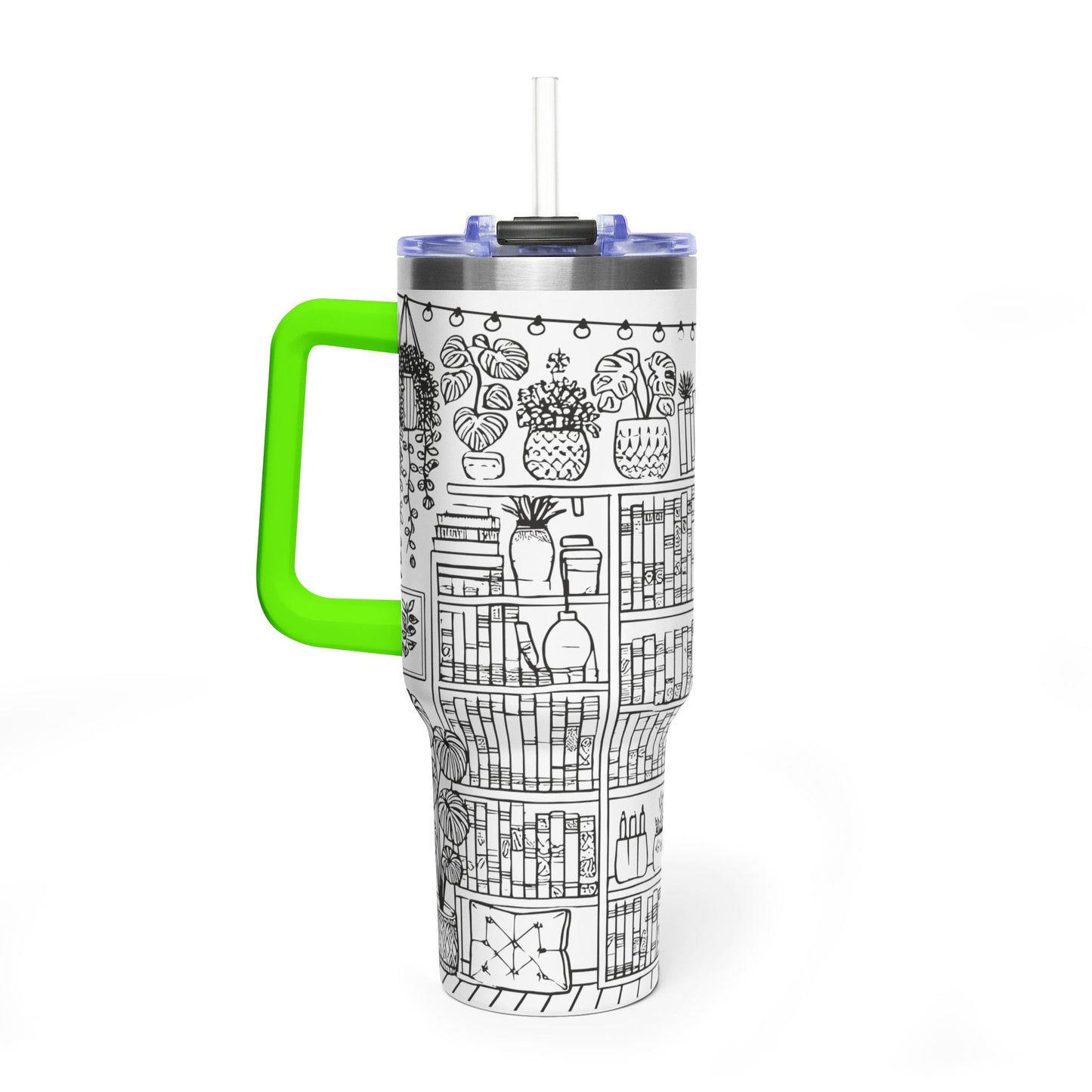 40oz Booklover Vacuum Tumbler – Illustrated Bookshelf Design