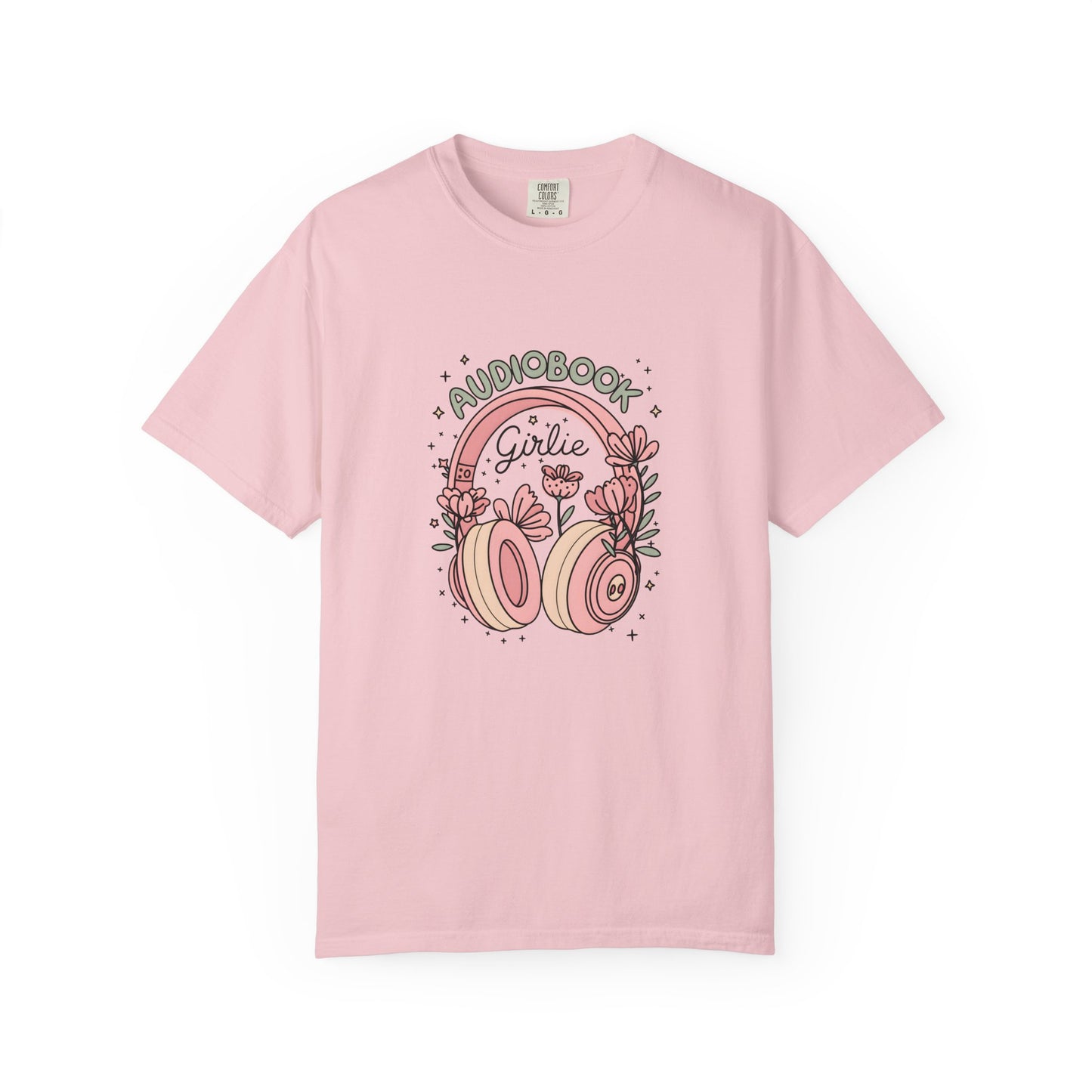 "Audiobook Girlie" T-Shirt — Floral Headphones Graphic Tee