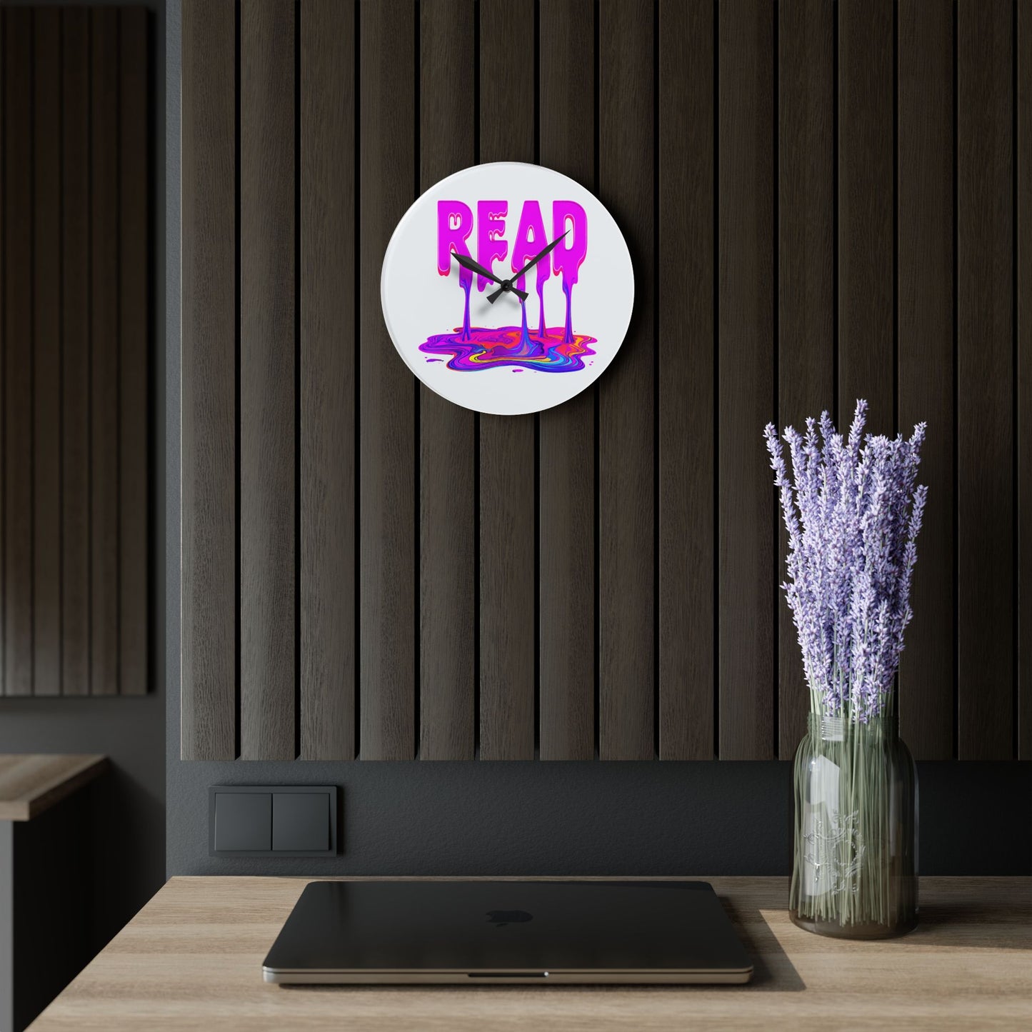 Acrylic Wall Clock — "READ" Drippy Neon Melt Art Clock for Book Lovers