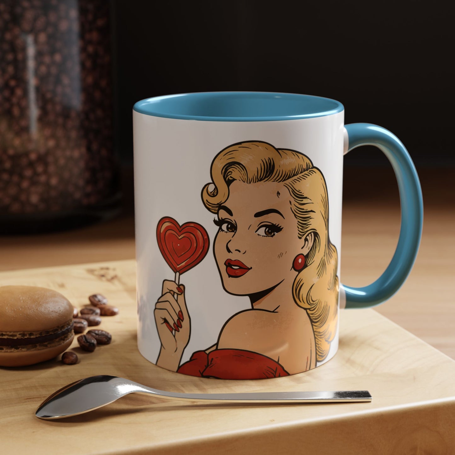 Retro Pin-Up Coffee Mug — Vintage Pop Art Woman with Heart Lollipop (11oz)