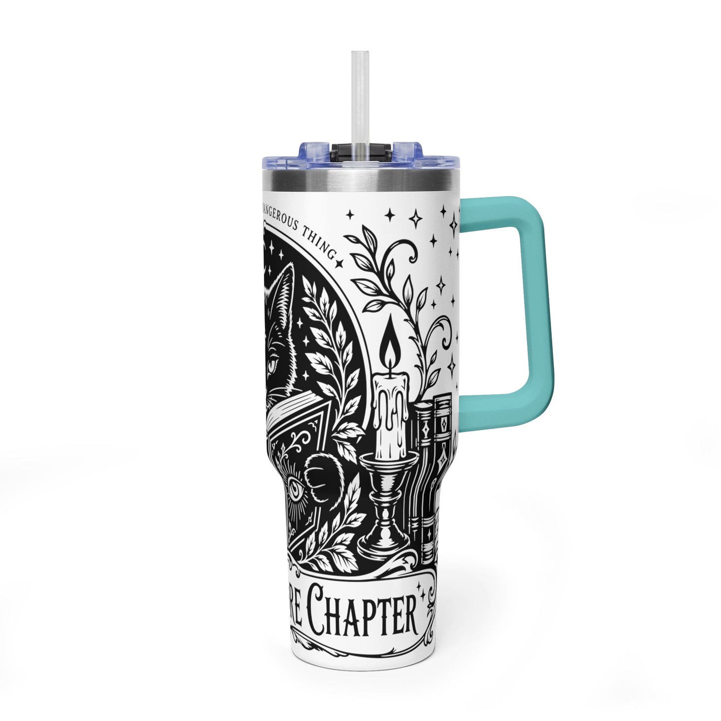 40oz Vacuum Tumbler — Black Cat "Just One More Chapter" Bookish Travel Mug