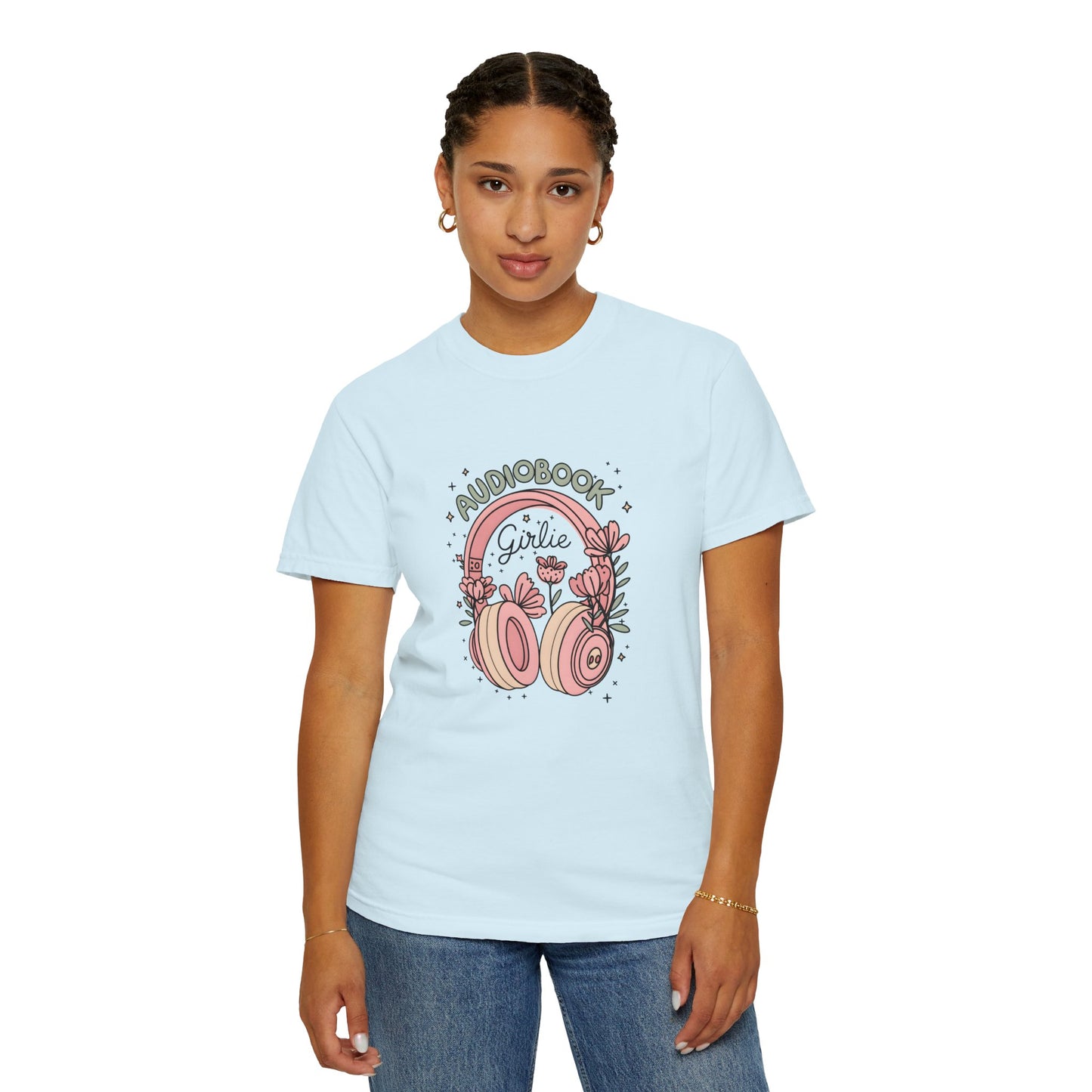 "Audiobook Girlie" T-Shirt — Floral Headphones Graphic Tee