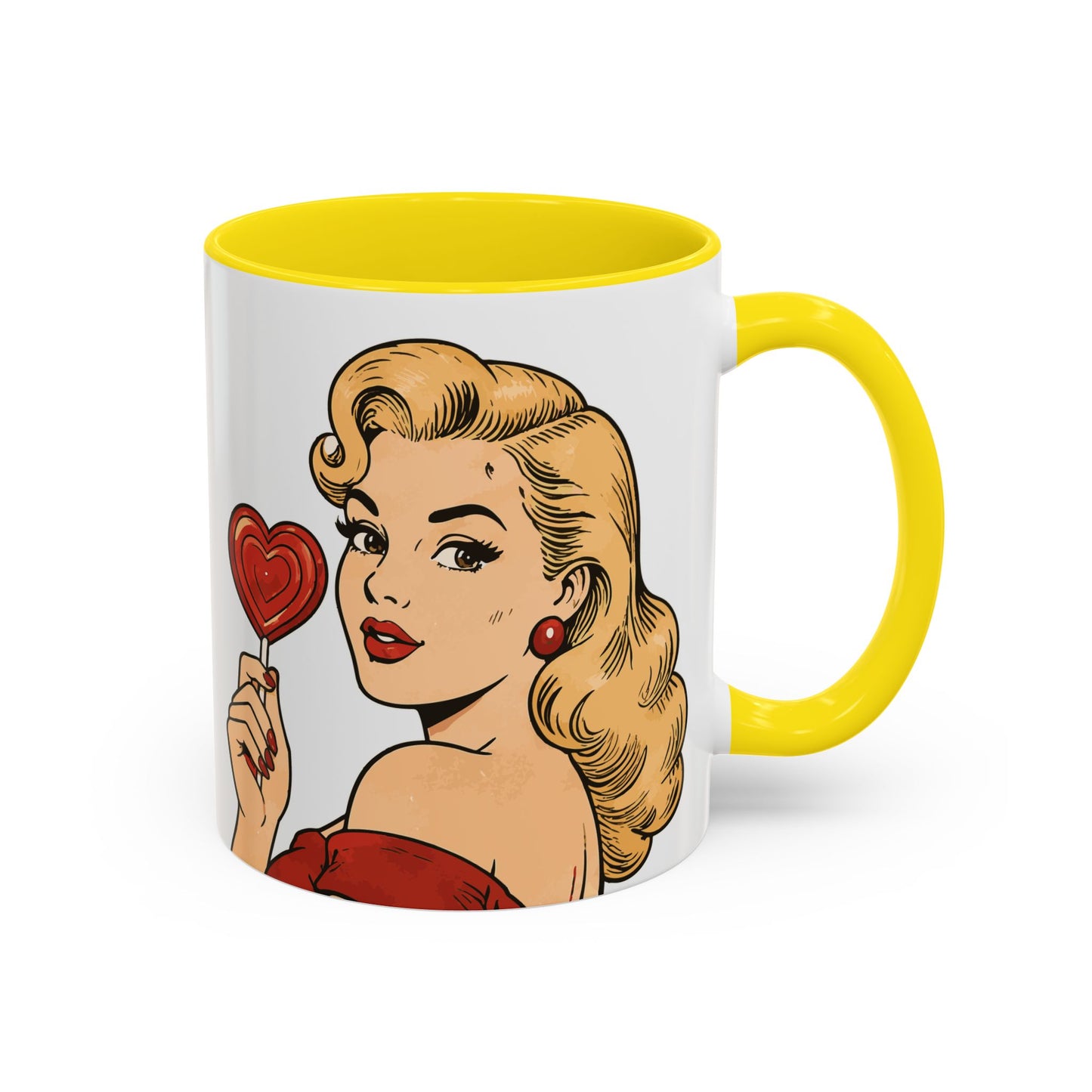 Retro Pin-Up Coffee Mug — Vintage Pop Art Woman with Heart Lollipop (11oz)