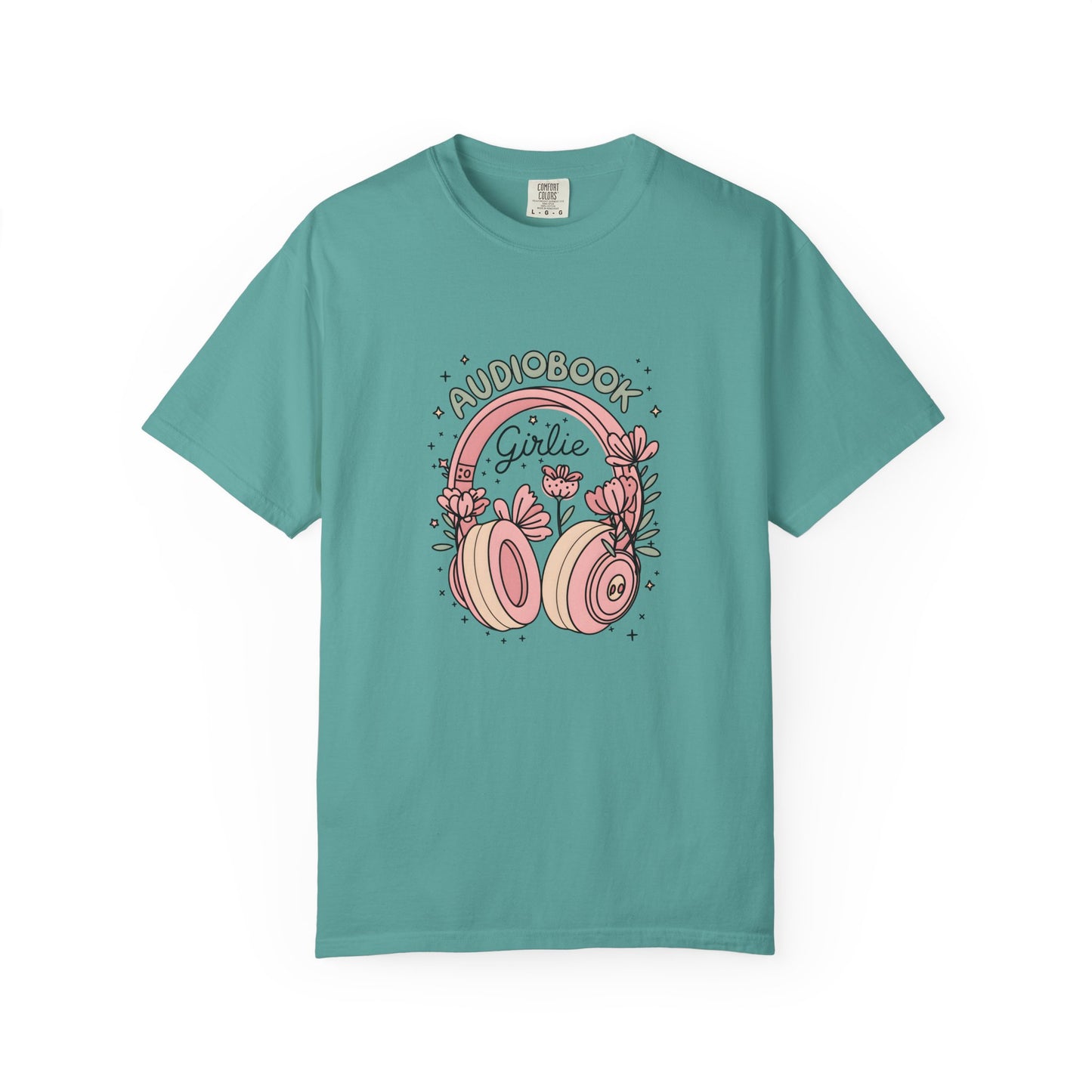 "Audiobook Girlie" T-Shirt — Floral Headphones Graphic Tee