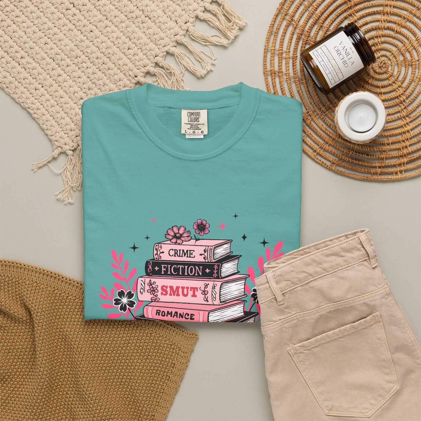 Book Stack Graphic T-Shirt — Cute Floral Reading Shirt (Crime, Fiction, Smut, Romance)