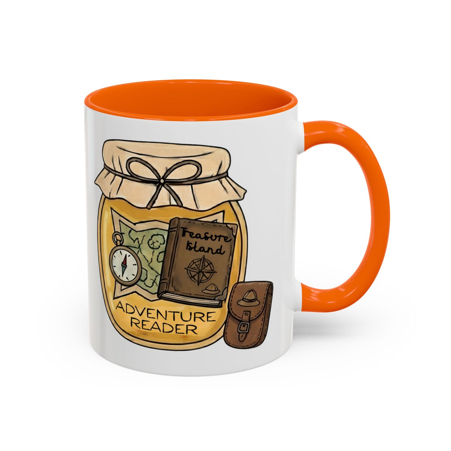 "Adventure Reader" Accent Coffee Mug — Bookish Travel Compass & Treasure Jam Jar Design