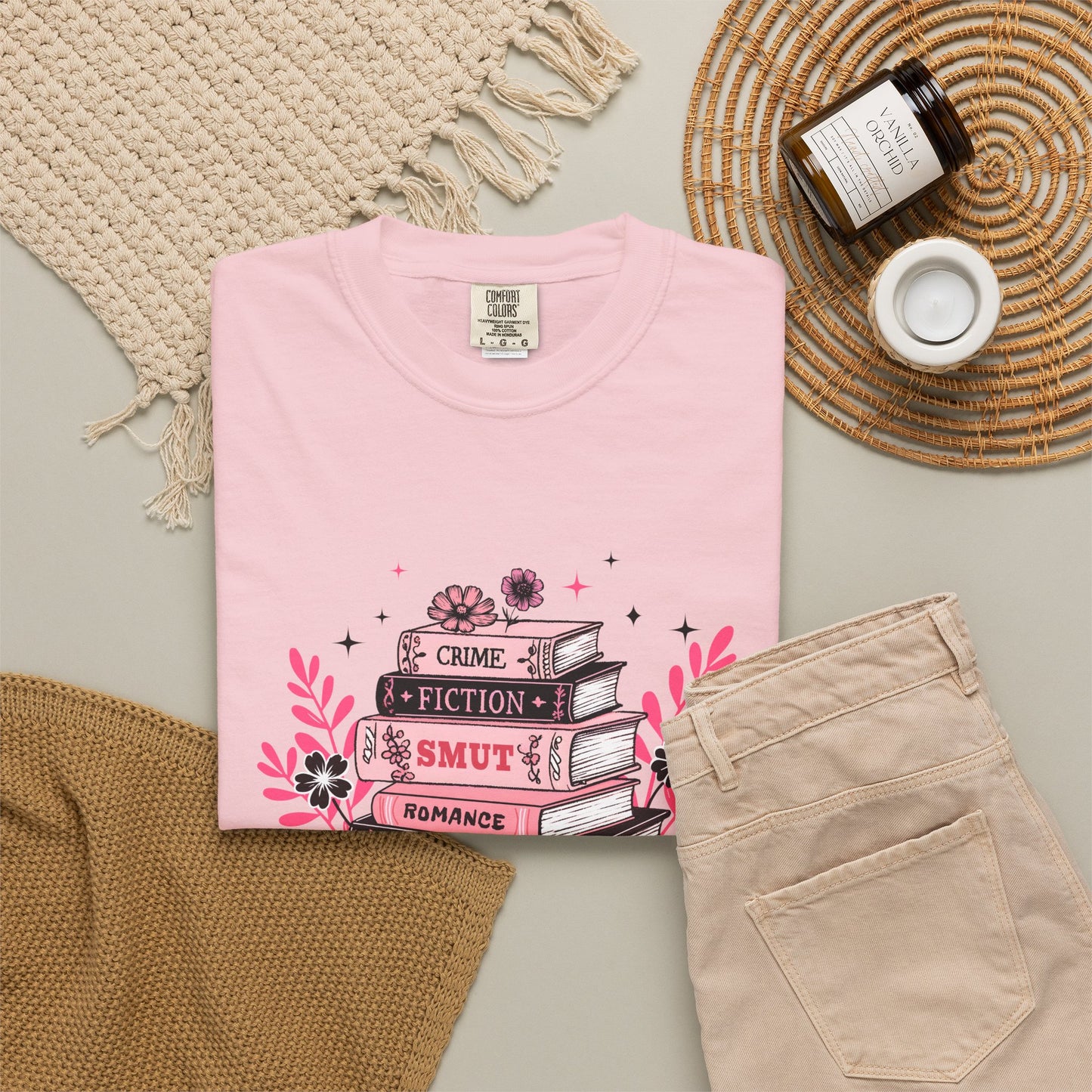 Book Stack Graphic T-Shirt — Cute Floral Reading Shirt (Crime, Fiction, Smut, Romance)