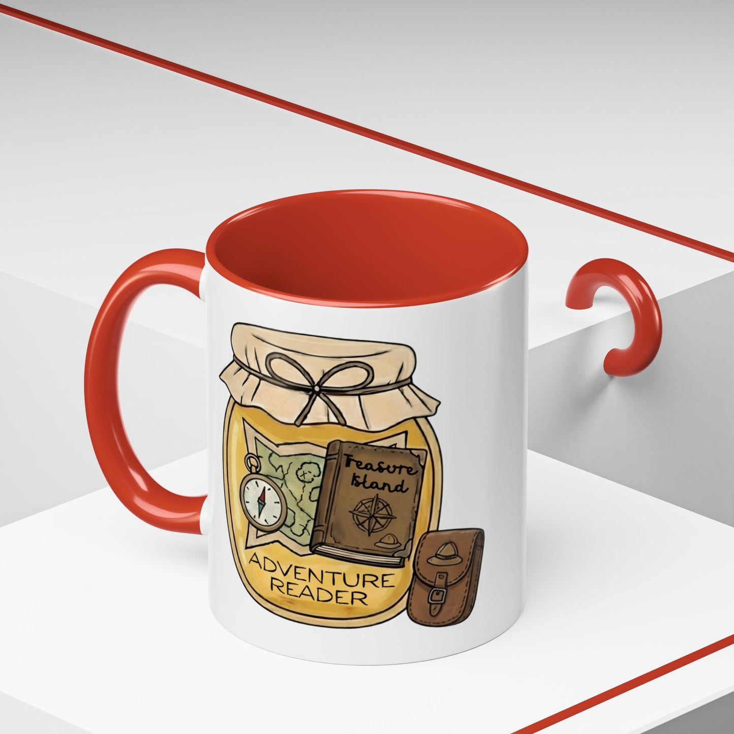 "Adventure Reader" Accent Coffee Mug — Bookish Travel Compass & Treasure Jam Jar Design