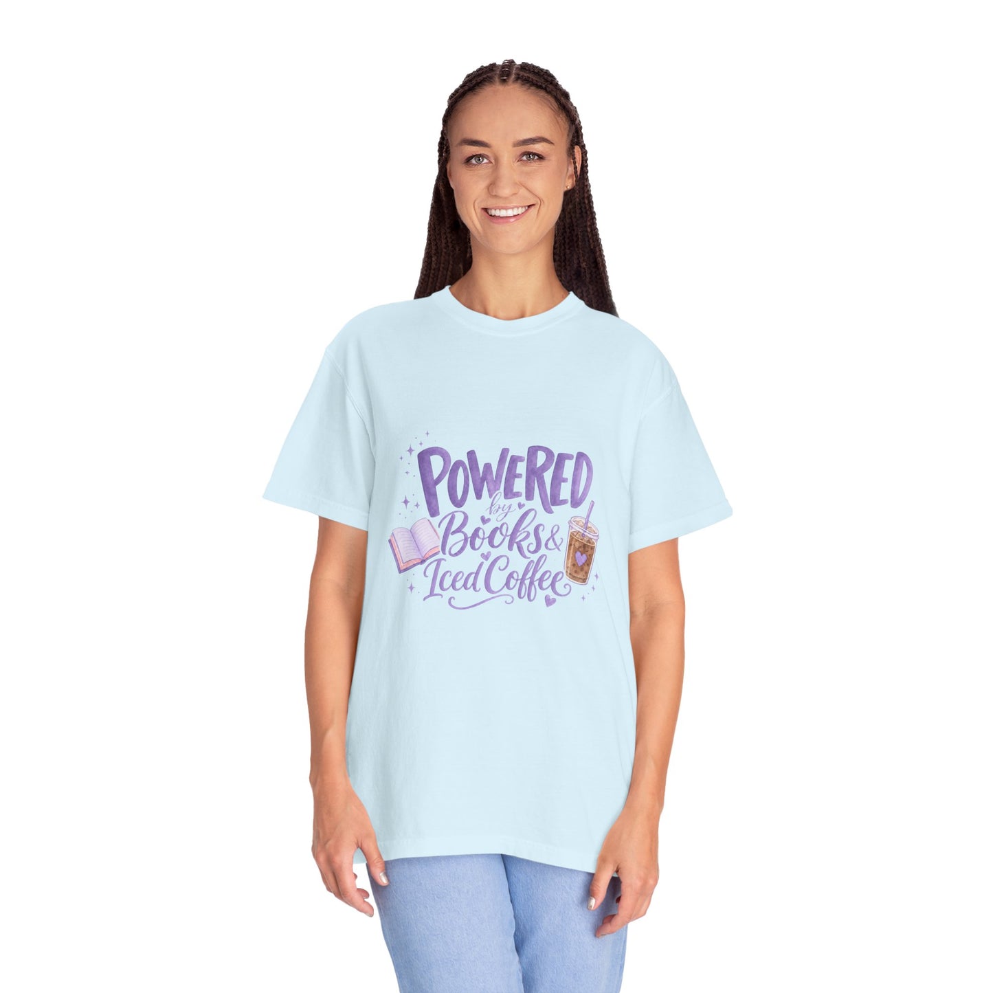 Book Lover T‑Shirt — "Powered by Books & Iced Coffee" Graphic Tee