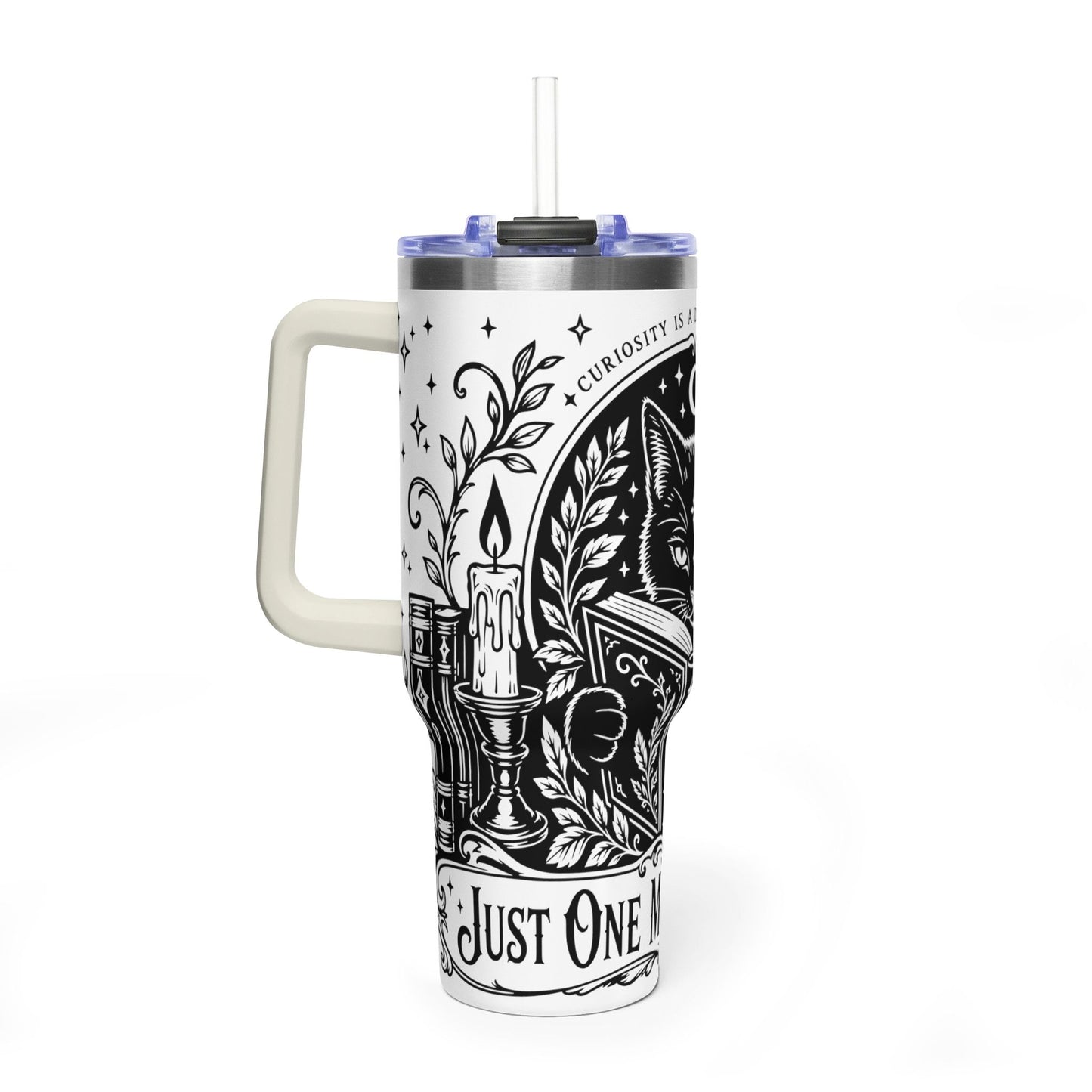 40oz Vacuum Tumbler — Black Cat "Just One More Chapter" Bookish Travel Mug