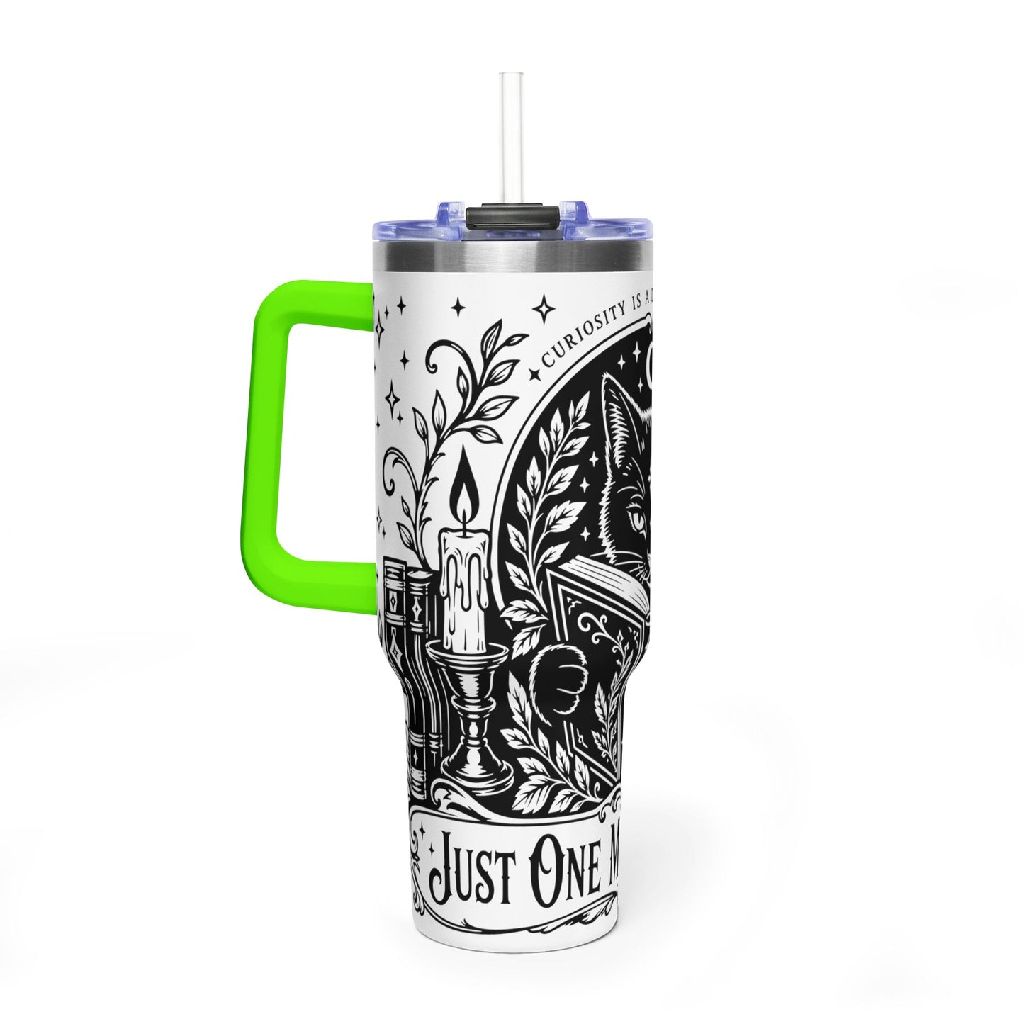 40oz Vacuum Tumbler — Black Cat "Just One More Chapter" Bookish Travel Mug