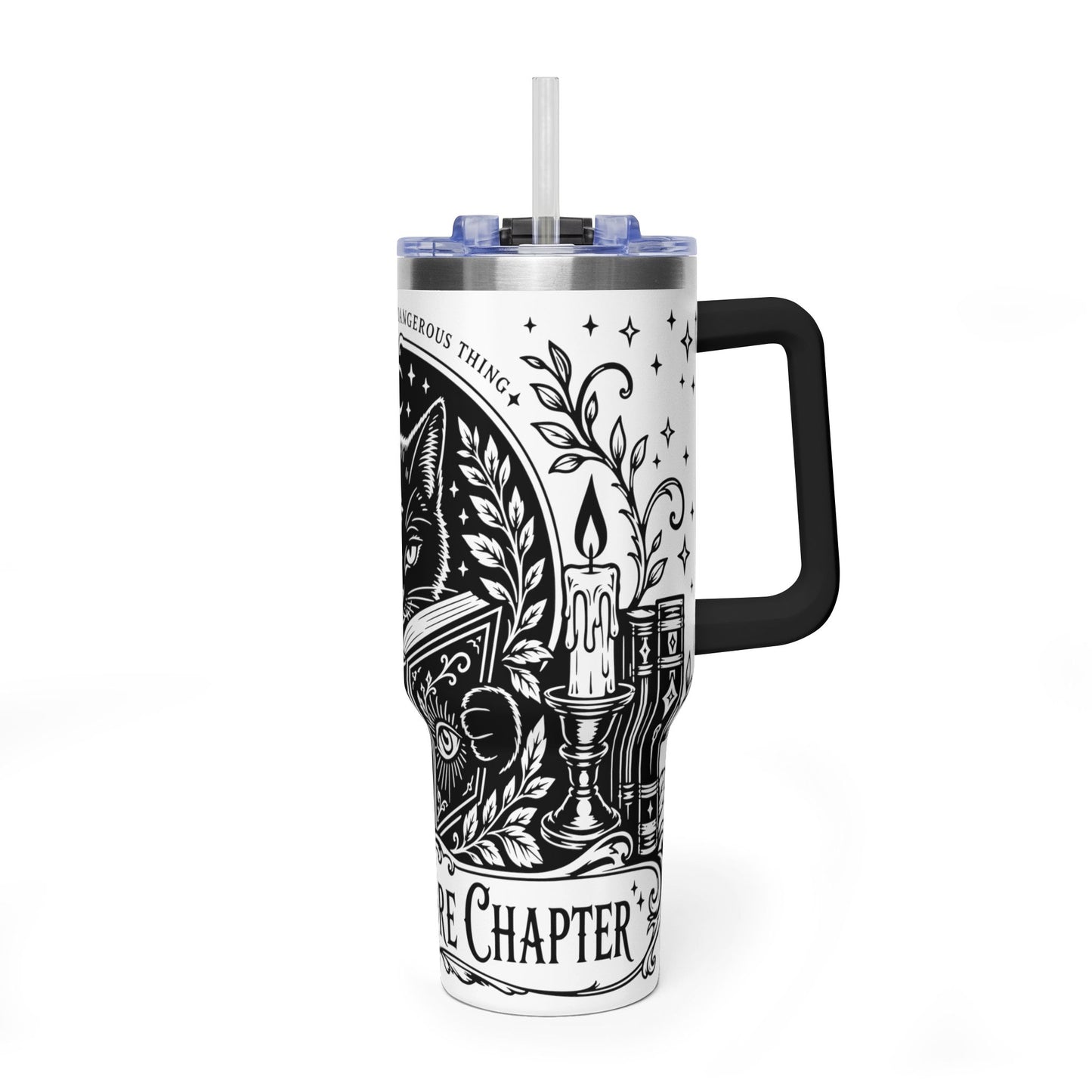 40oz Vacuum Tumbler — Black Cat "Just One More Chapter" Bookish Travel Mug