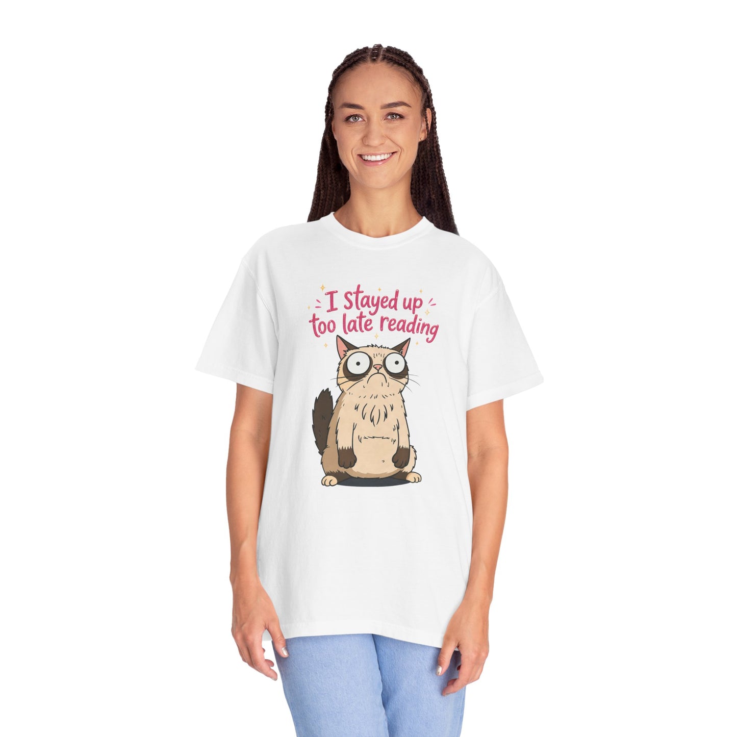 "I Stayed Up Too Late Reading" Cat T-Shirt — Cute Book Lover Graphic Tee