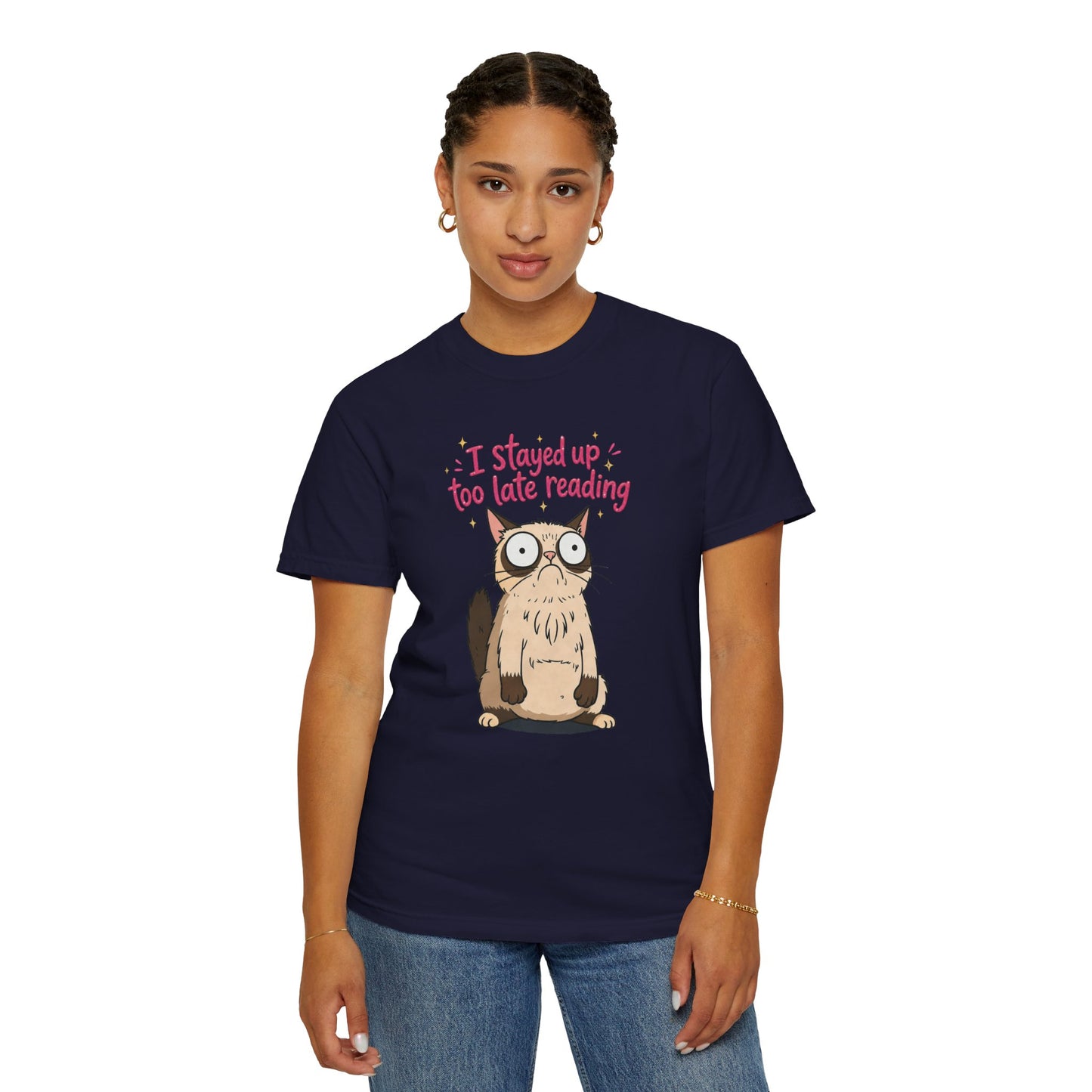 "I Stayed Up Too Late Reading" Cat T-Shirt — Cute Book Lover Graphic Tee