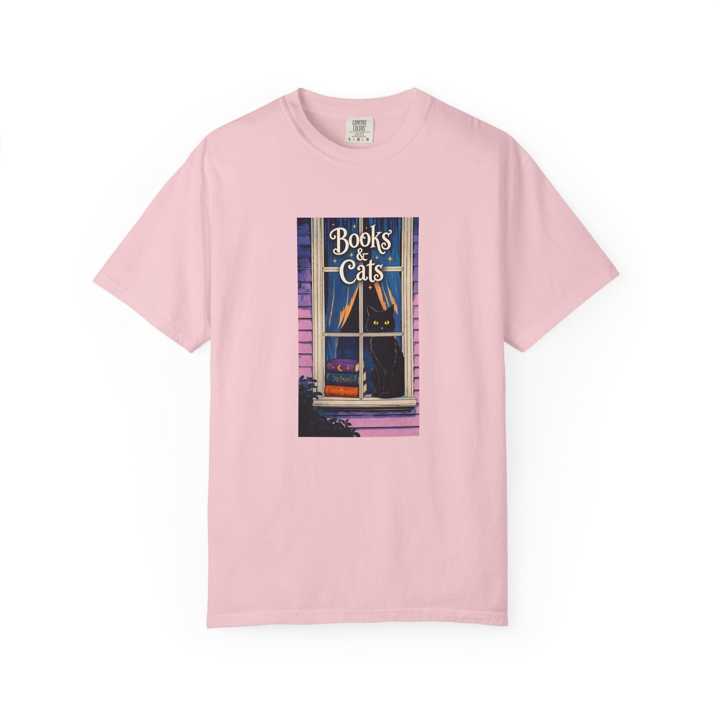 "Books & Cats" T-Shirt — Cozy Bookshop Window Graphic Tee
