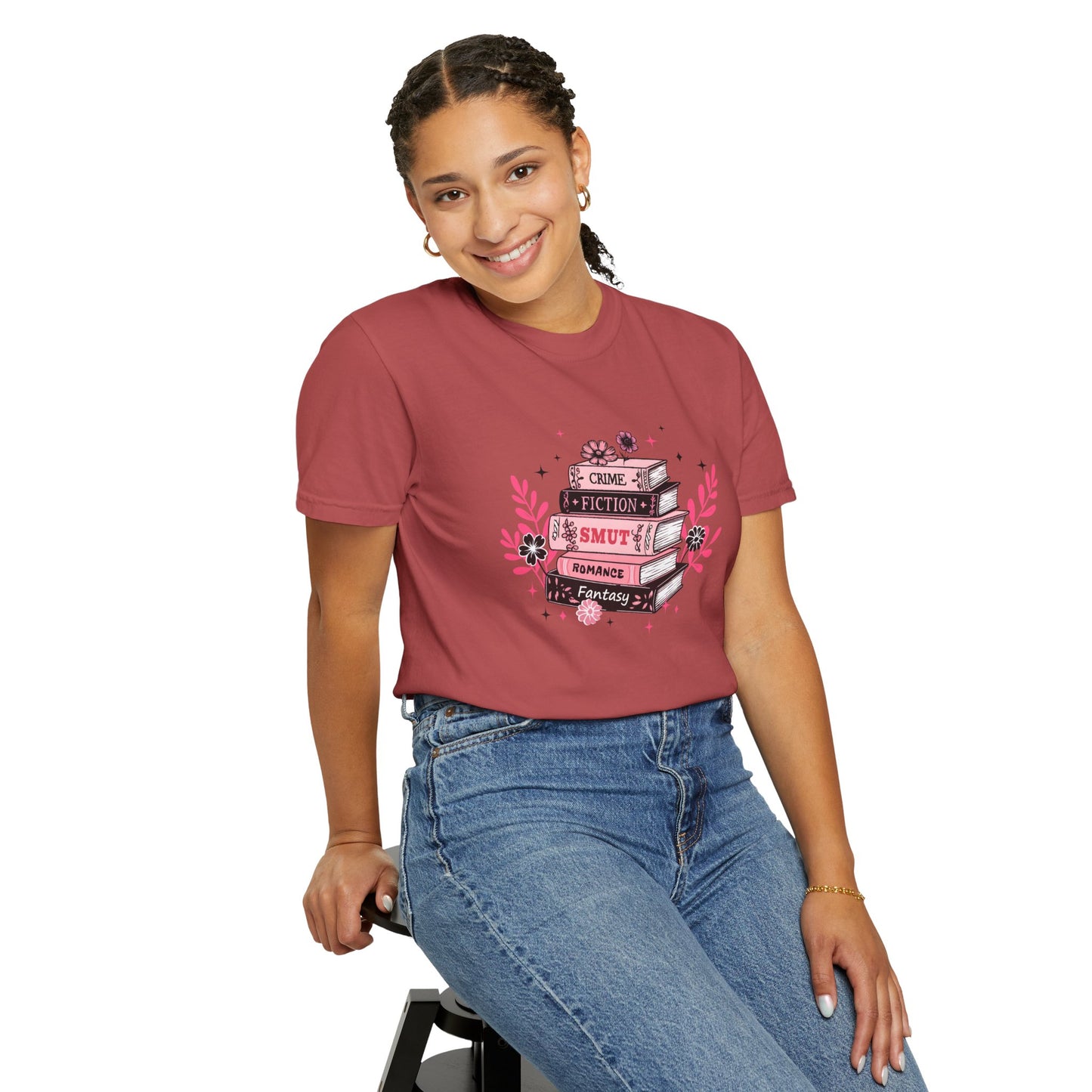 Book Stack Graphic T-Shirt — Cute Floral Reading Shirt (Crime, Fiction, Smut, Romance)