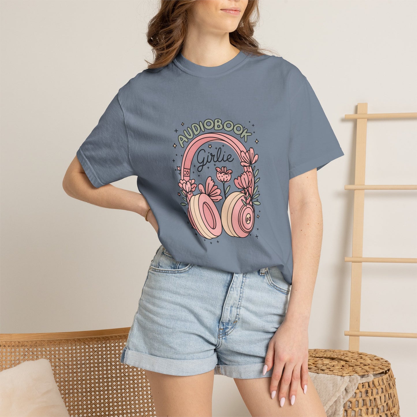 "Audiobook Girlie" T-Shirt — Floral Headphones Graphic Tee