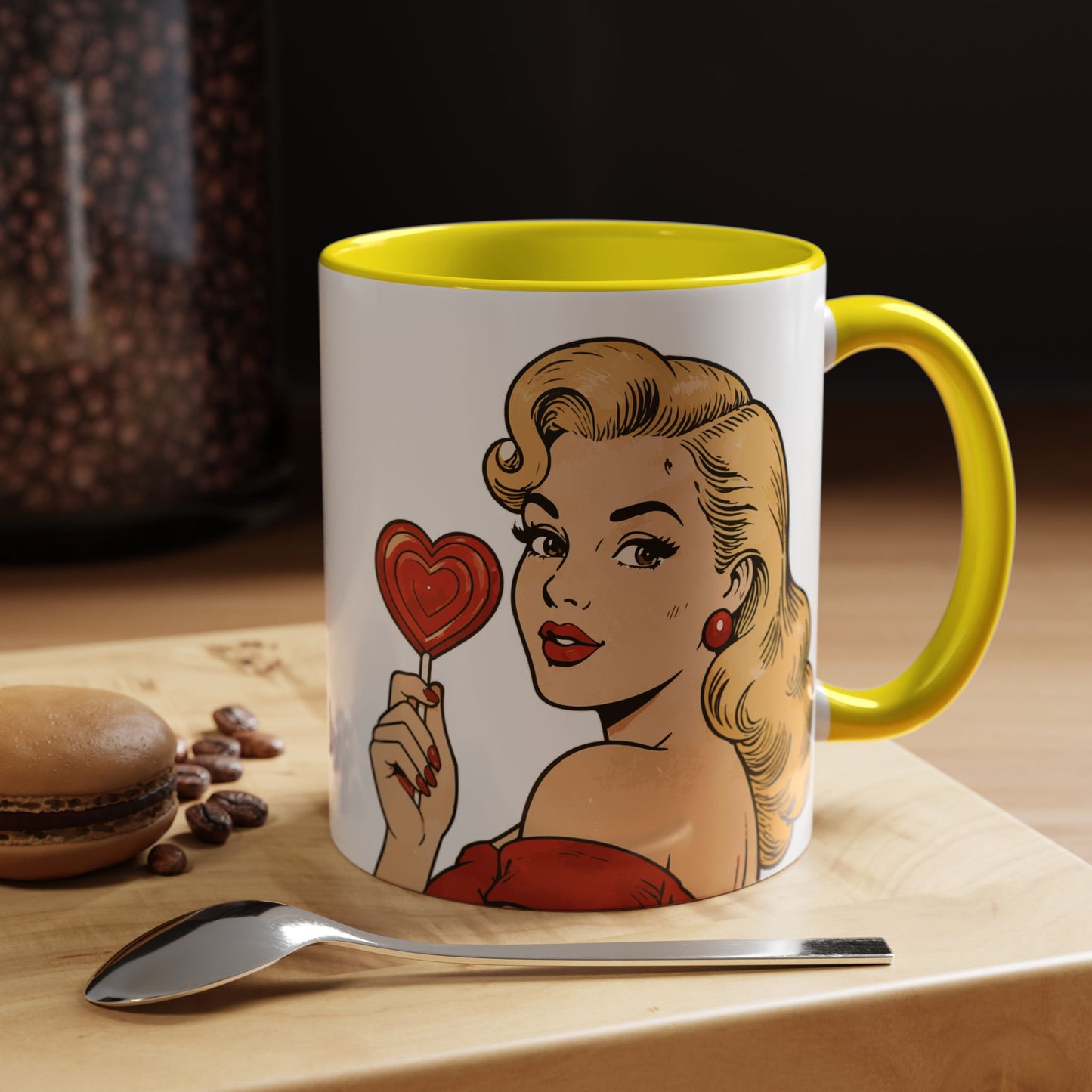 Retro Pin-Up Coffee Mug — Vintage Pop Art Woman with Heart Lollipop (11oz)