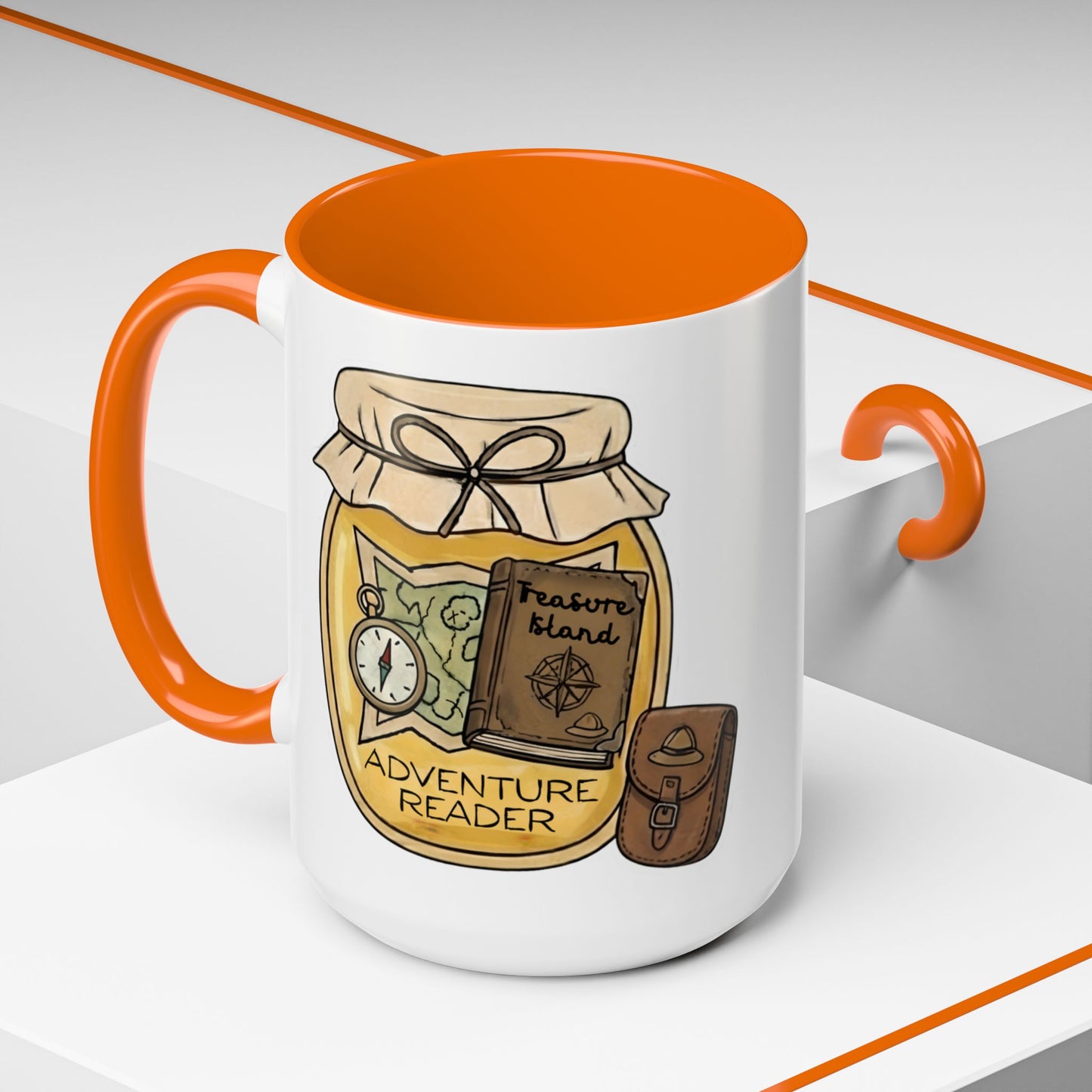"Adventure Reader" Accent Coffee Mug — Bookish Travel Compass & Treasure Jam Jar Design