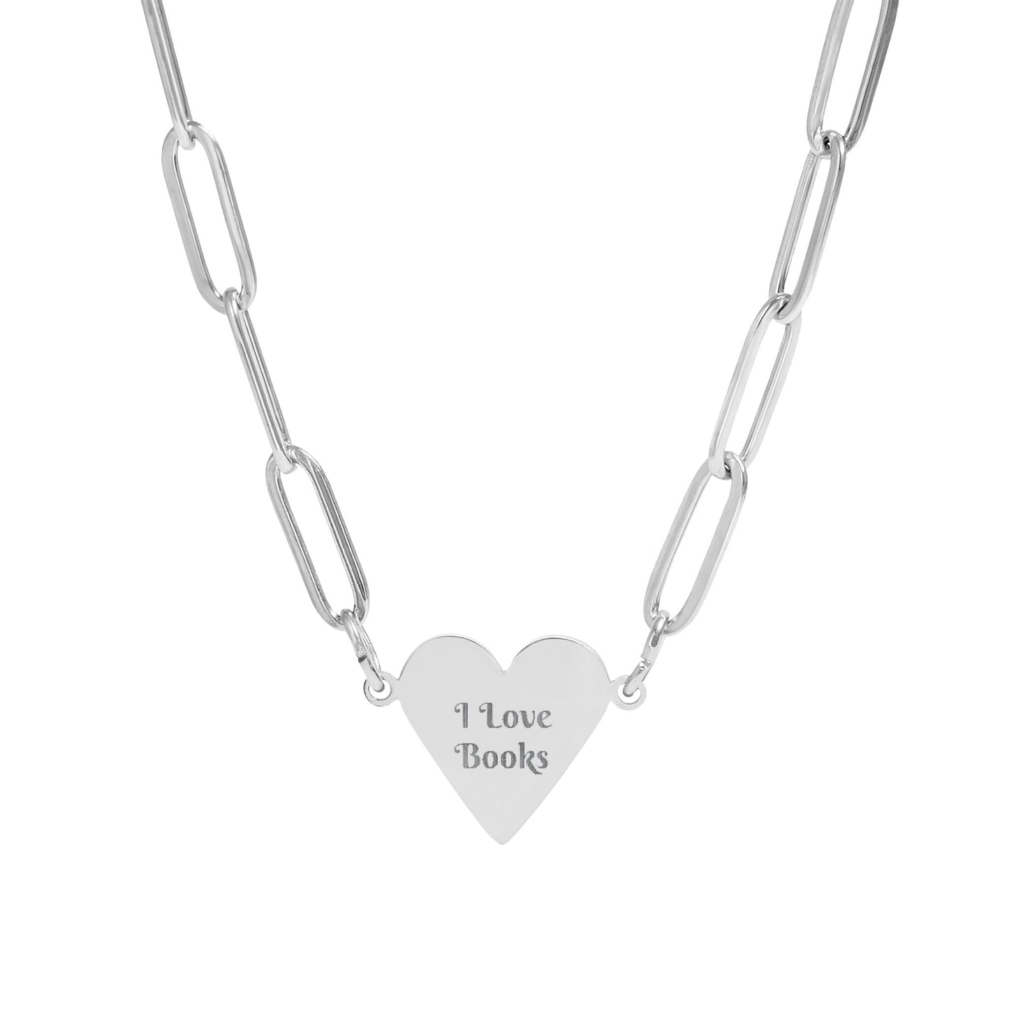 Engraved "I Love Books" Paperclip Heart Necklace – Heart Pendant Chain