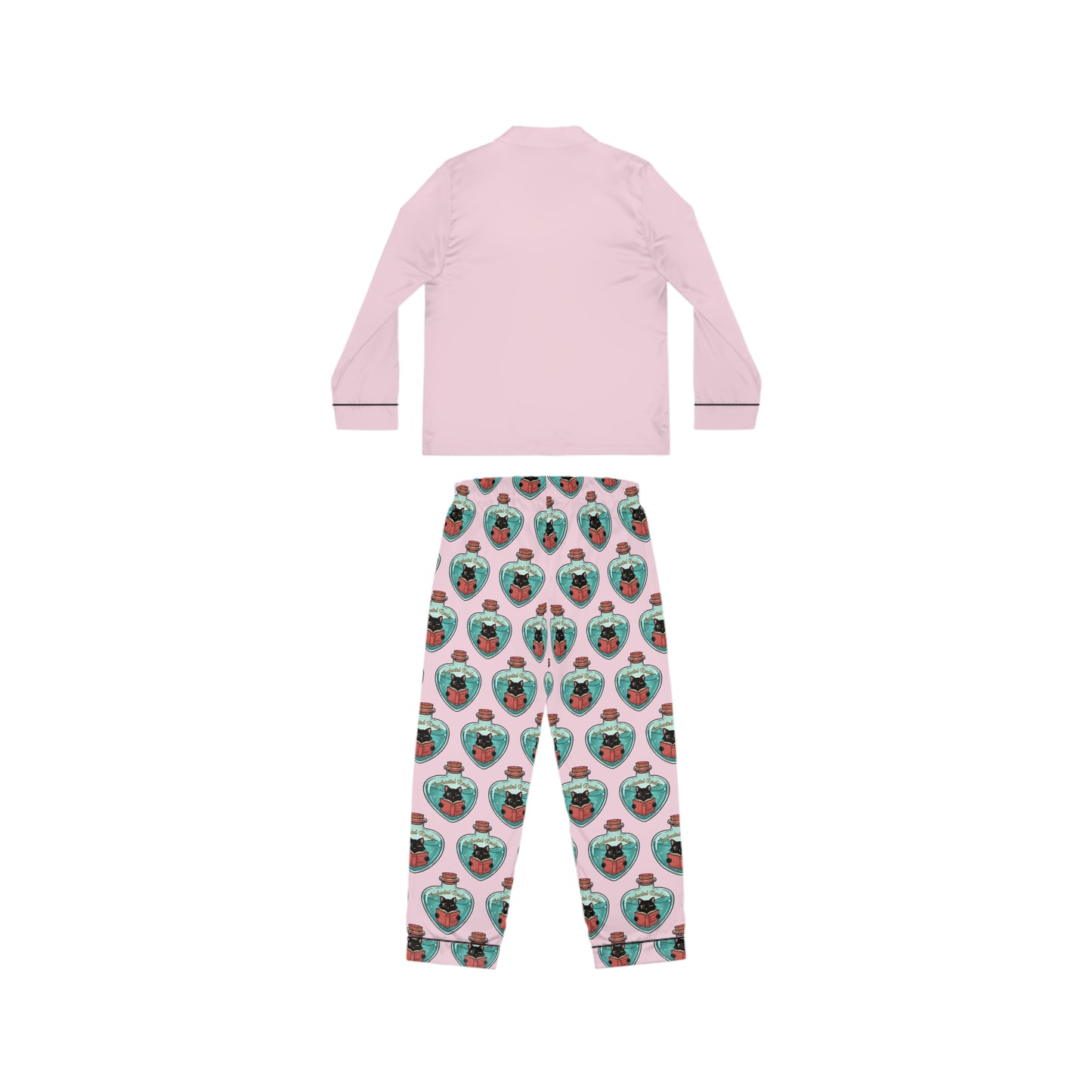 Women's Satin Pajama Set — Pink Sleep Top with Custom All-Over Patterned Pants (Cute Face Print)