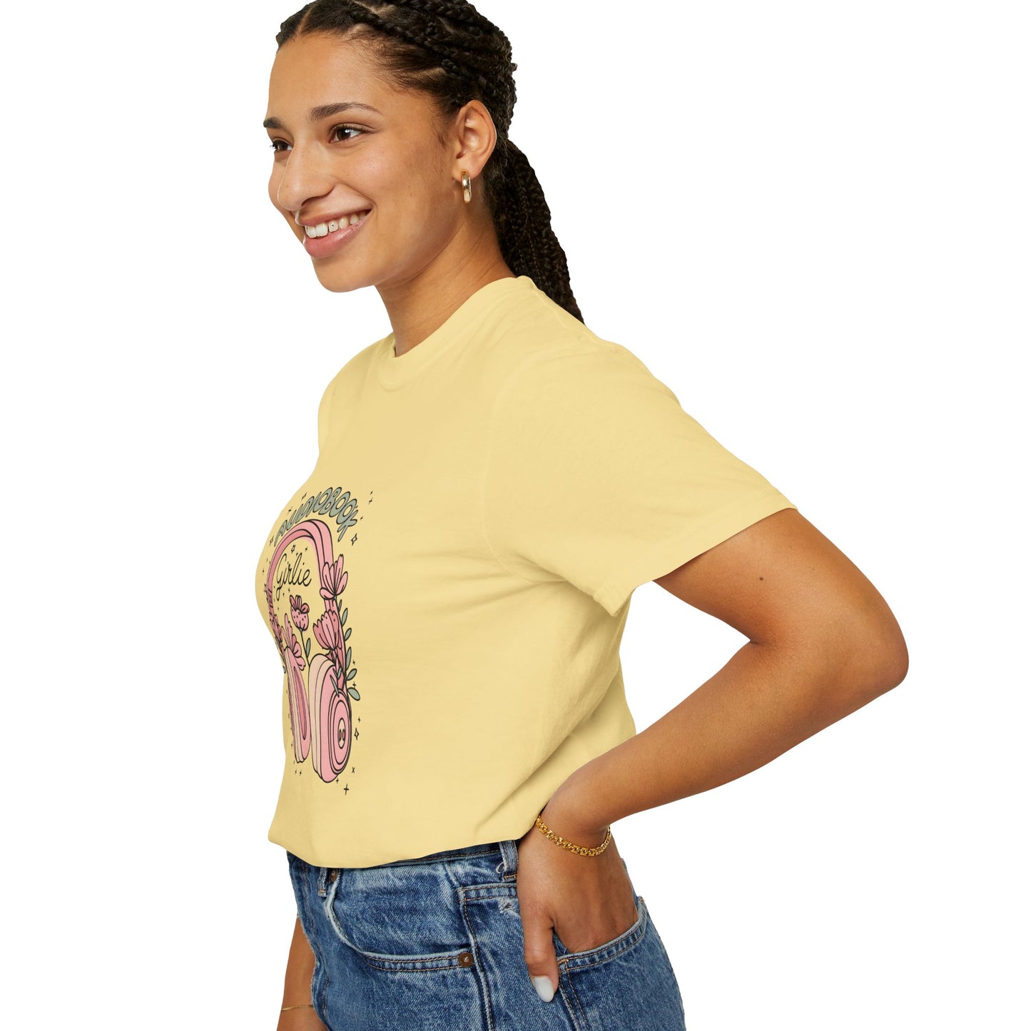 "Audiobook Girlie" T-Shirt — Floral Headphones Graphic Tee