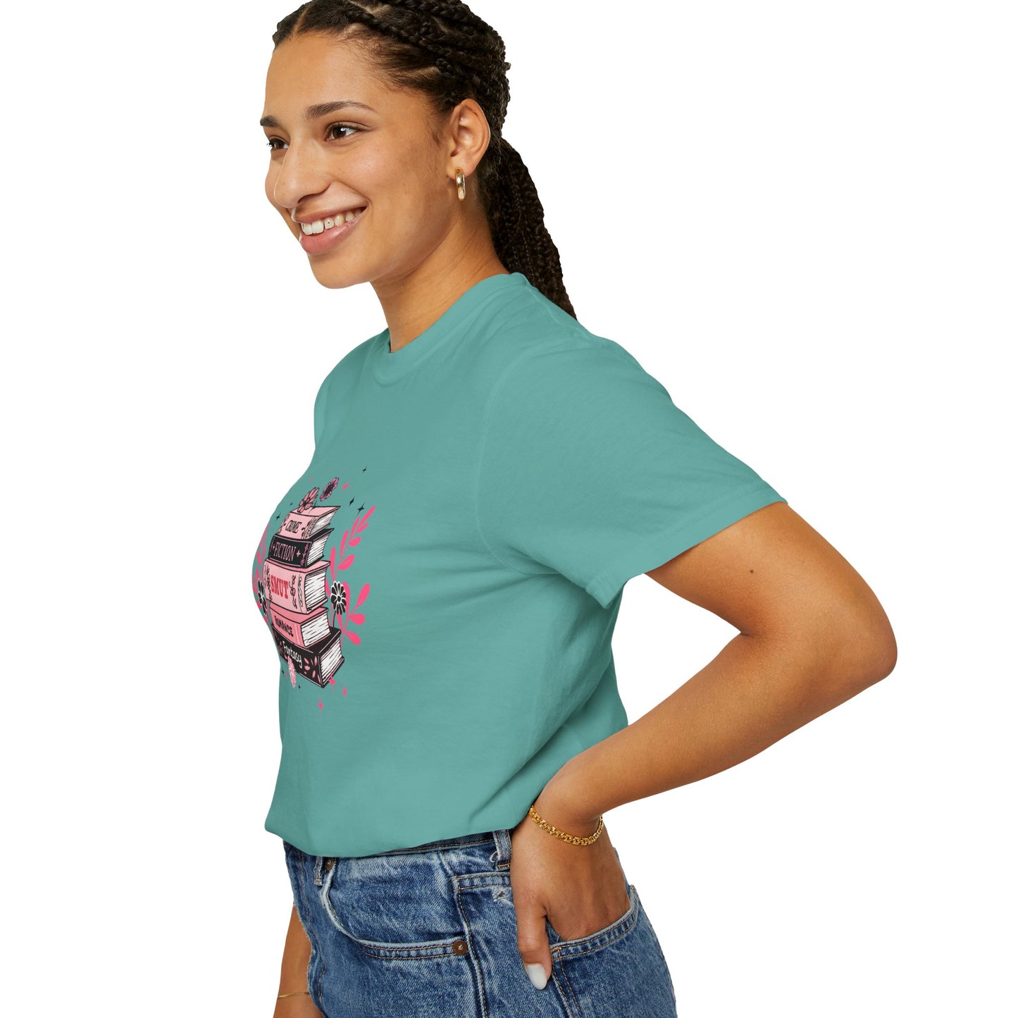 Book Stack Graphic T-Shirt — Cute Floral Reading Shirt (Crime, Fiction, Smut, Romance)