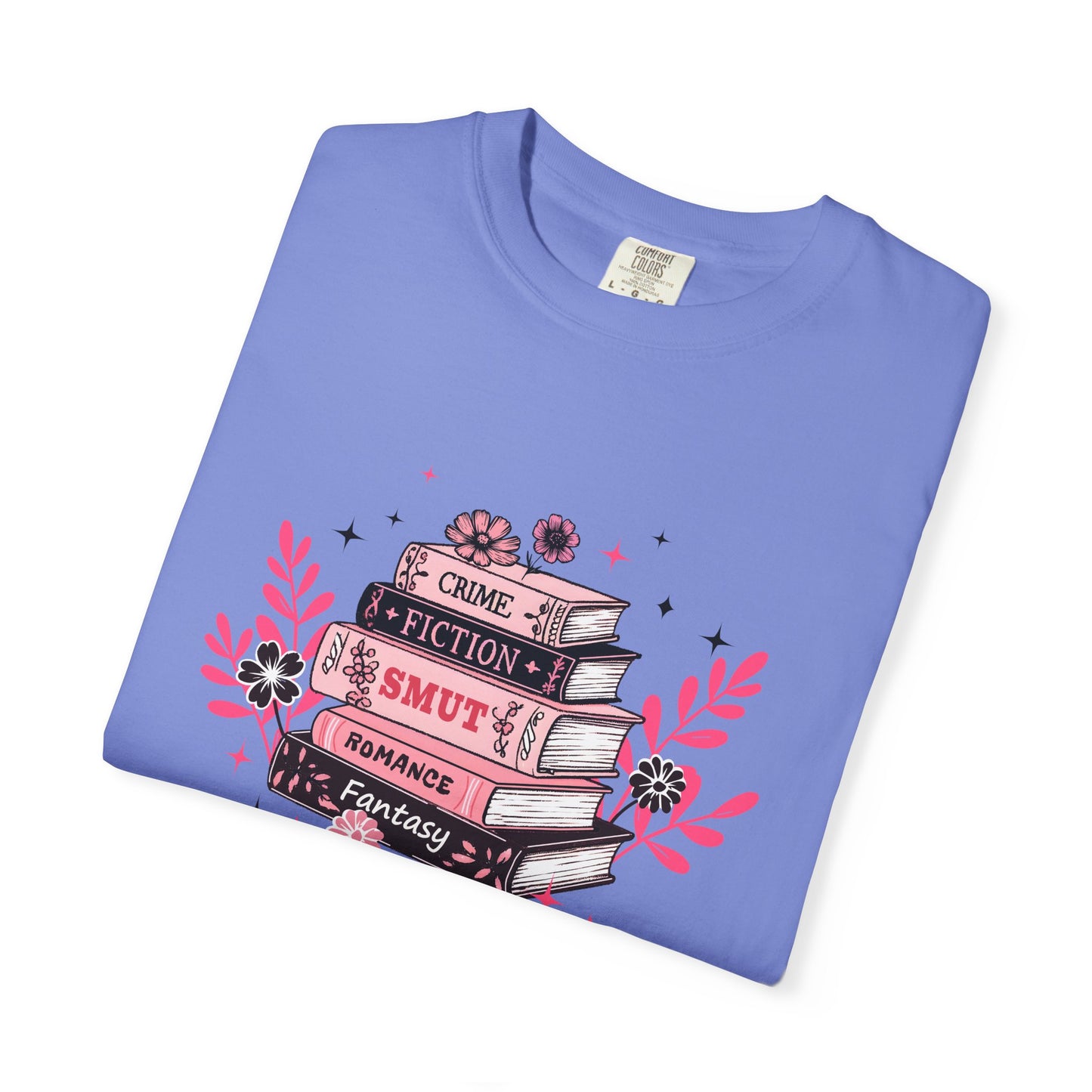 Book Stack Graphic T-Shirt — Cute Floral Reading Shirt (Crime, Fiction, Smut, Romance)